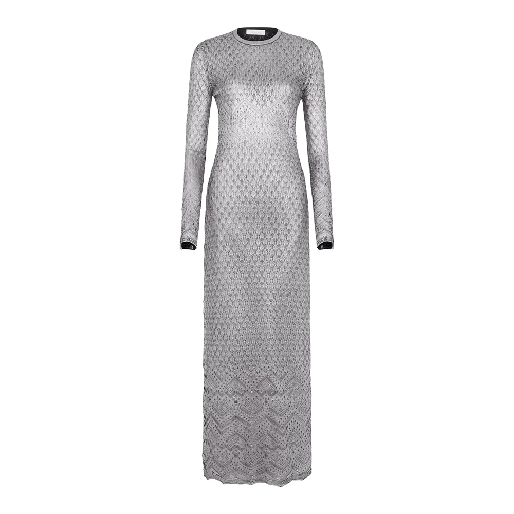 NIGO Paco Rabanne Women's Metallic Round Neck Knit Spring and Autumn Solid Color Extra Long Dresses Ngvp #nigo1847