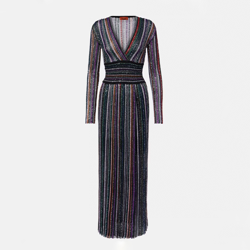 NIGO Missoni Women's Sequin Pleated Striped V-Neck Sexy Dress Spring and Autumn Long Sleeve Colorblocking Dresses Ngvp #nigo1845