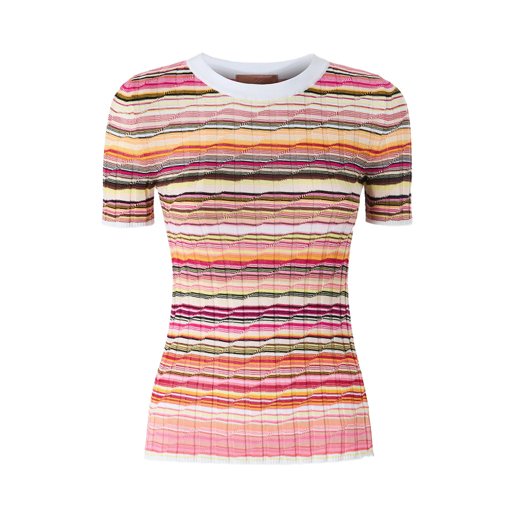 NIGO Missoni Women's Summer Striped Round Neck Colorblocked Short Sleeve Fitted T-Shirt Ngvp #nigo1848