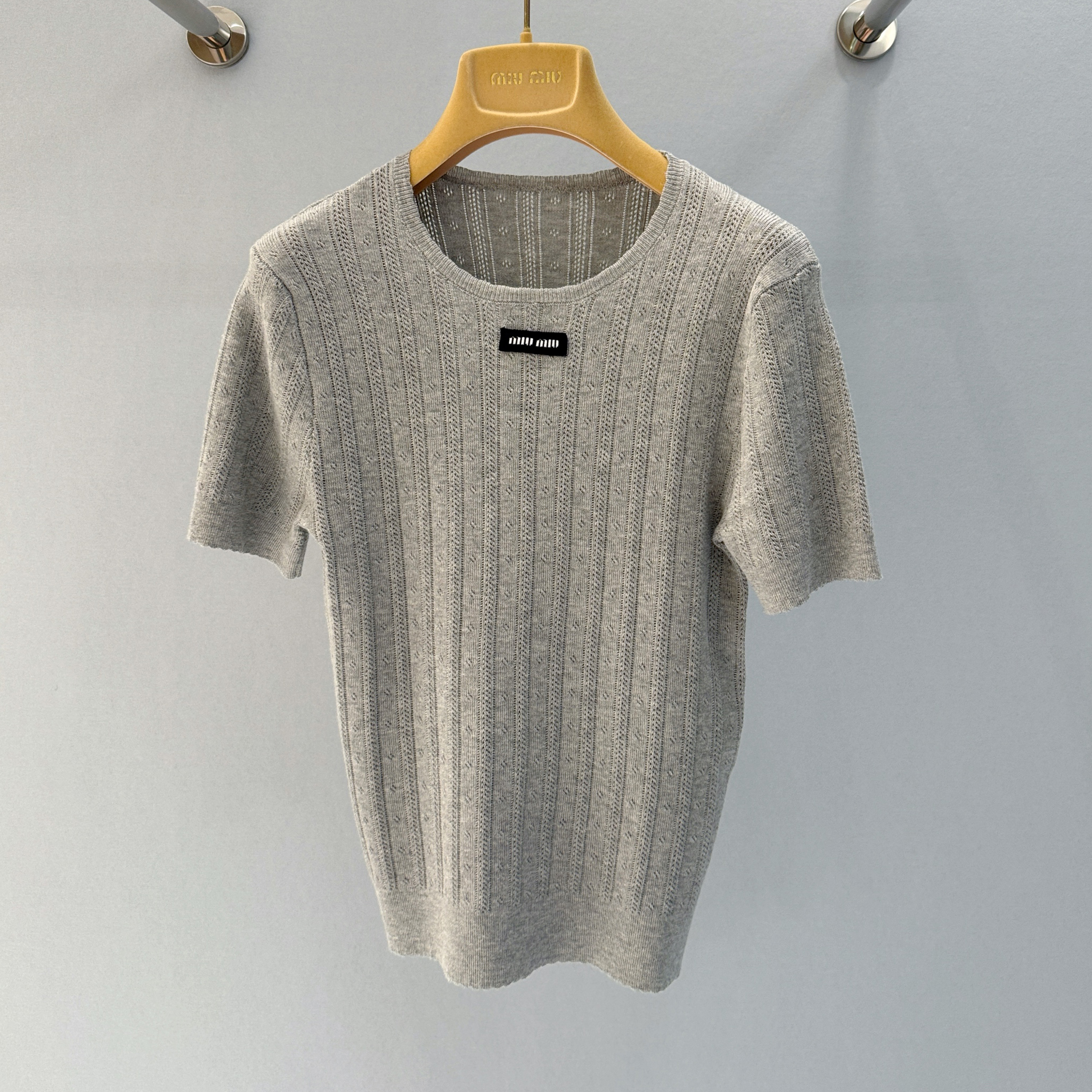 NIGO MiuMiu Women's Summer Solid Color Letter Print Knitted Round Neck Short Sleeve T-Shirt #nigo77544