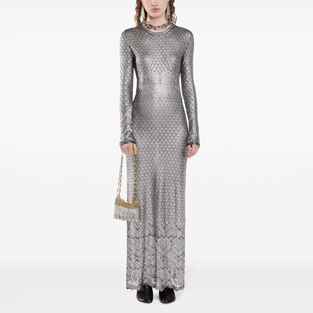 NIGO Paco Rabanne Women's Metallic Round Neck Knit Spring and Autumn Solid Color Extra Long Dresses Ngvp #nigo1847