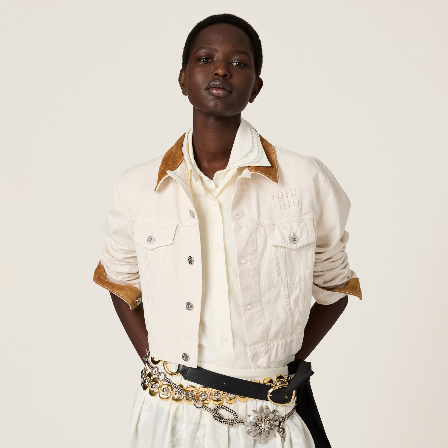 NIGO MiuMiu Women's Spring/Autumn Embroidered Letter Print Logo Print Suede Collar Single-Breasted Long-Sleeved Denim Jacket #nigo77541