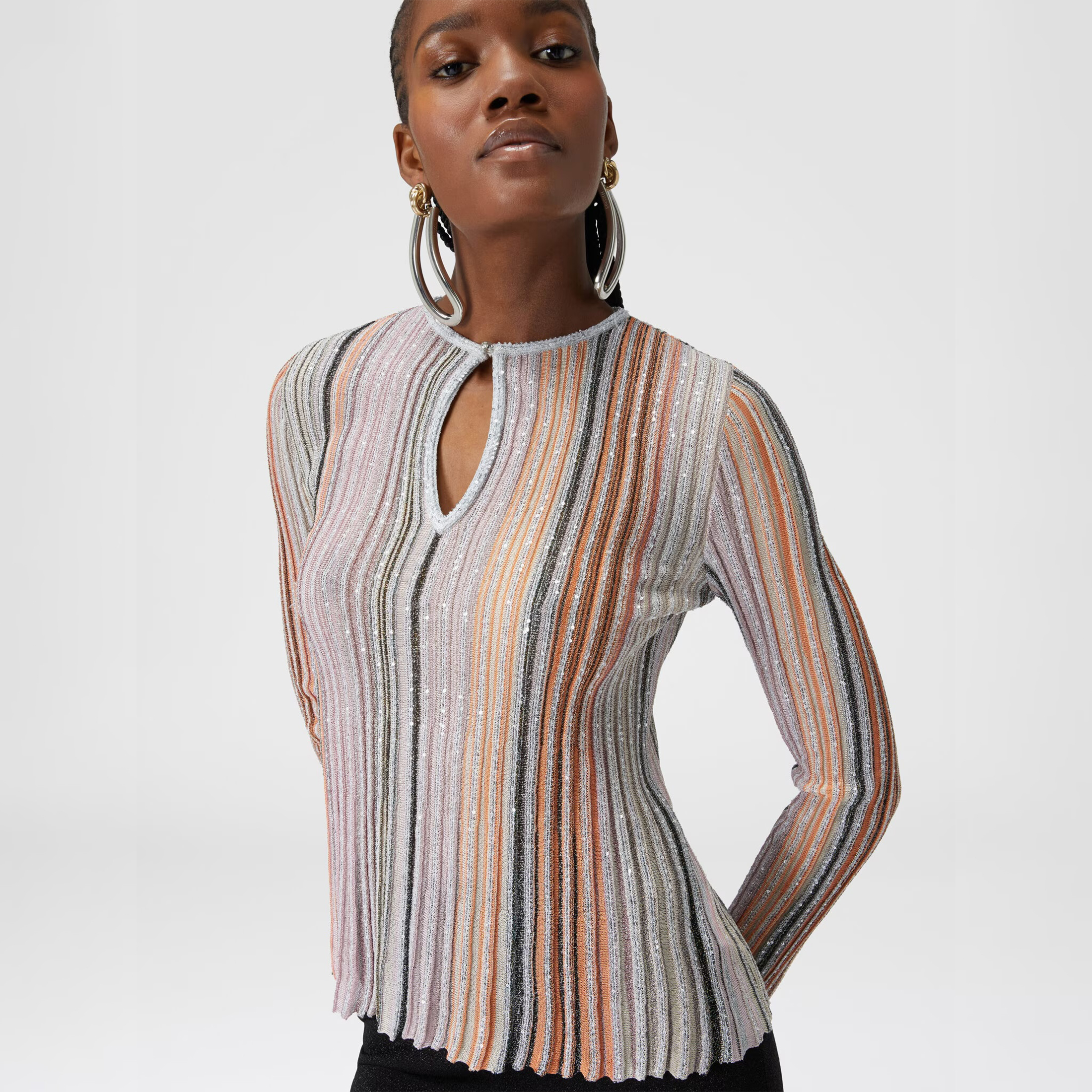 NIGO Missoni Women's Spring And Summer Fashion Colorful Striped Gold Silk Knitted Collision Long-sleeved Casual Long Half-body Skirt Suit Suit Set Ngvp #nigo1756