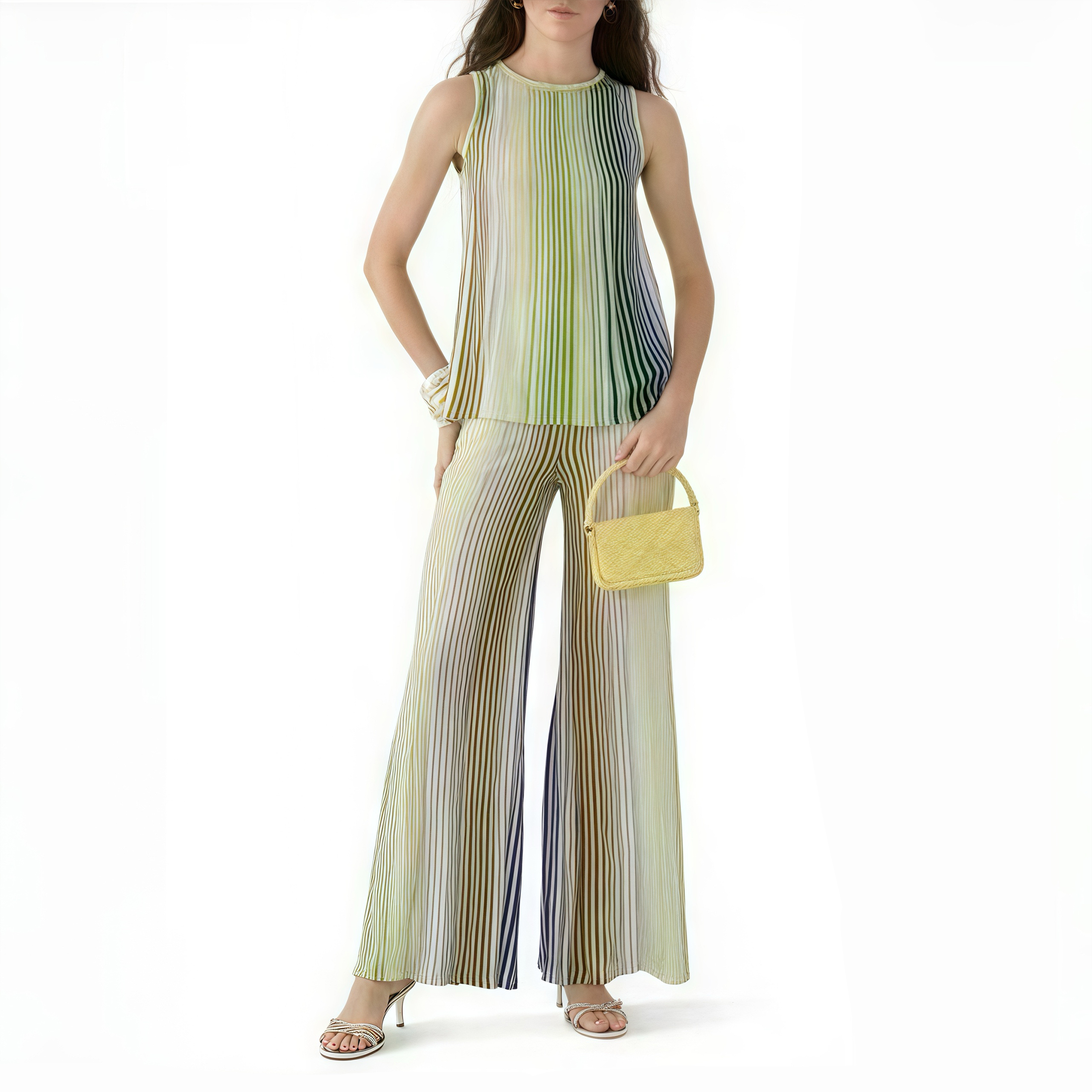 NIGO Missoni Women's Spring And Summer Fashion Elegant Colorful Striped Golden Silk Knit Clashing Sleeveless Vest T-shirt Casual Pants Set Suit Ngvp #nigo1758