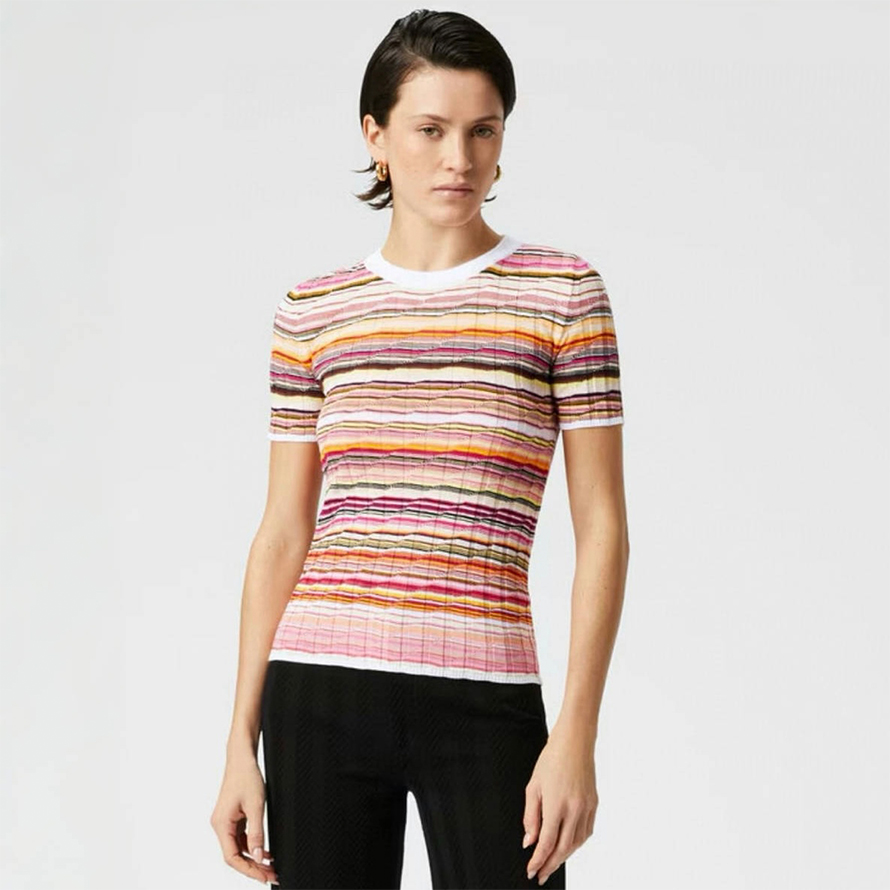 NIGO Missoni Women's Summer Striped Round Neck Colorblocked Short Sleeve Fitted T-Shirt Ngvp #nigo1848