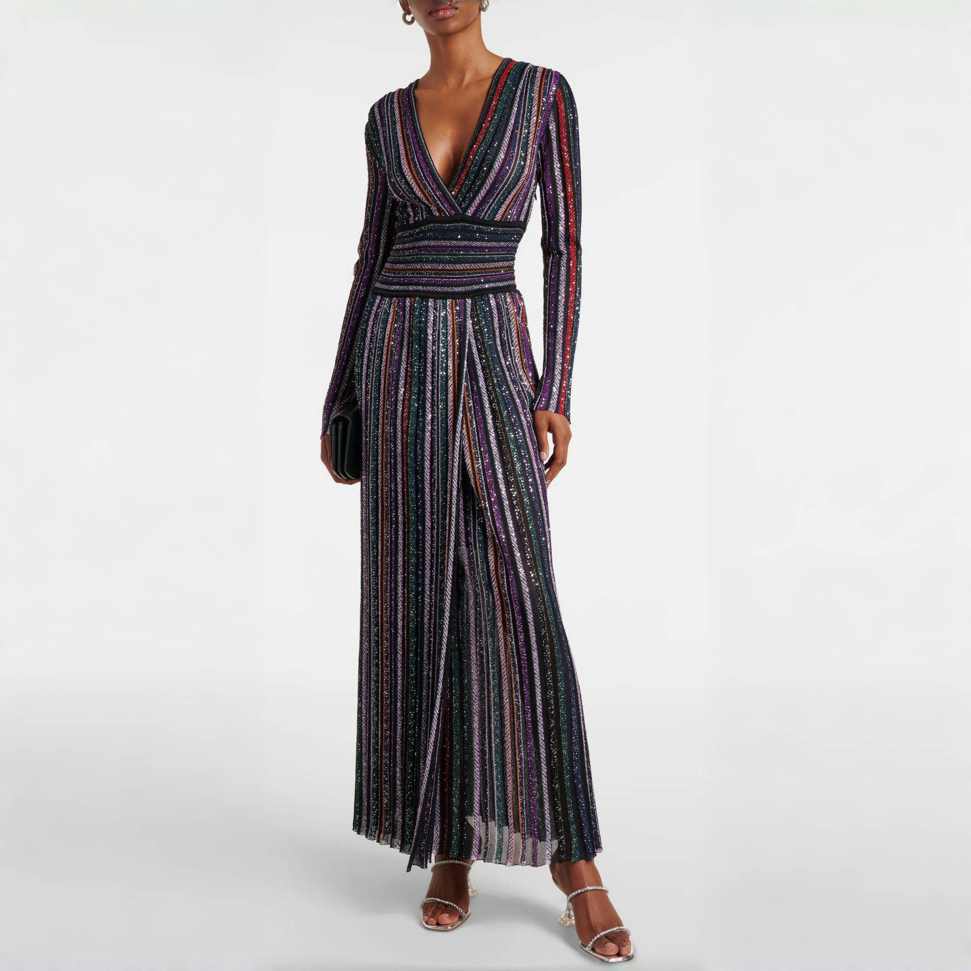 NIGO Missoni Women's Sequin Pleated Striped V-Neck Sexy Dress Spring and Autumn Long Sleeve Colorblocking Dresses Ngvp #nigo1845