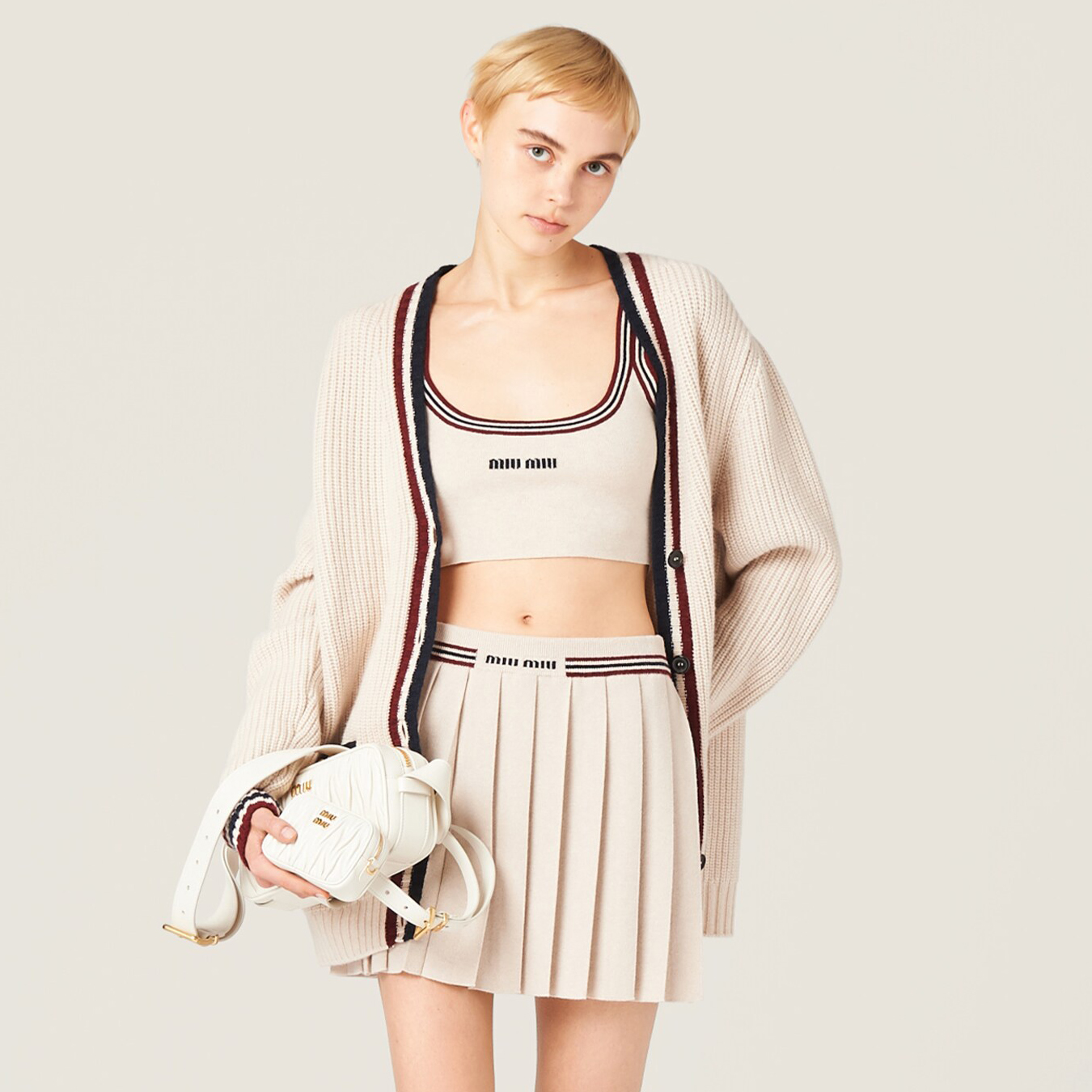 NIGO MiuMiu Women's Summer Embroidered Letter Print Cashmere Knit Tank Top And Casual Pleated Short Skirt Set Suit #nigo77555