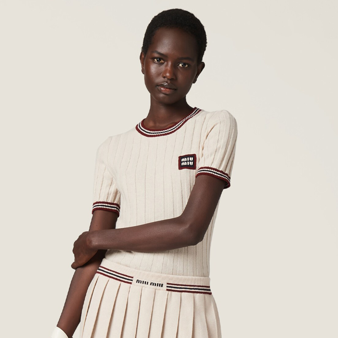 NIGO MiuMiu Women's Summer Solid Color Letter Print Knitted Round Neck Short Sleeve T-Shirt #nigo77557