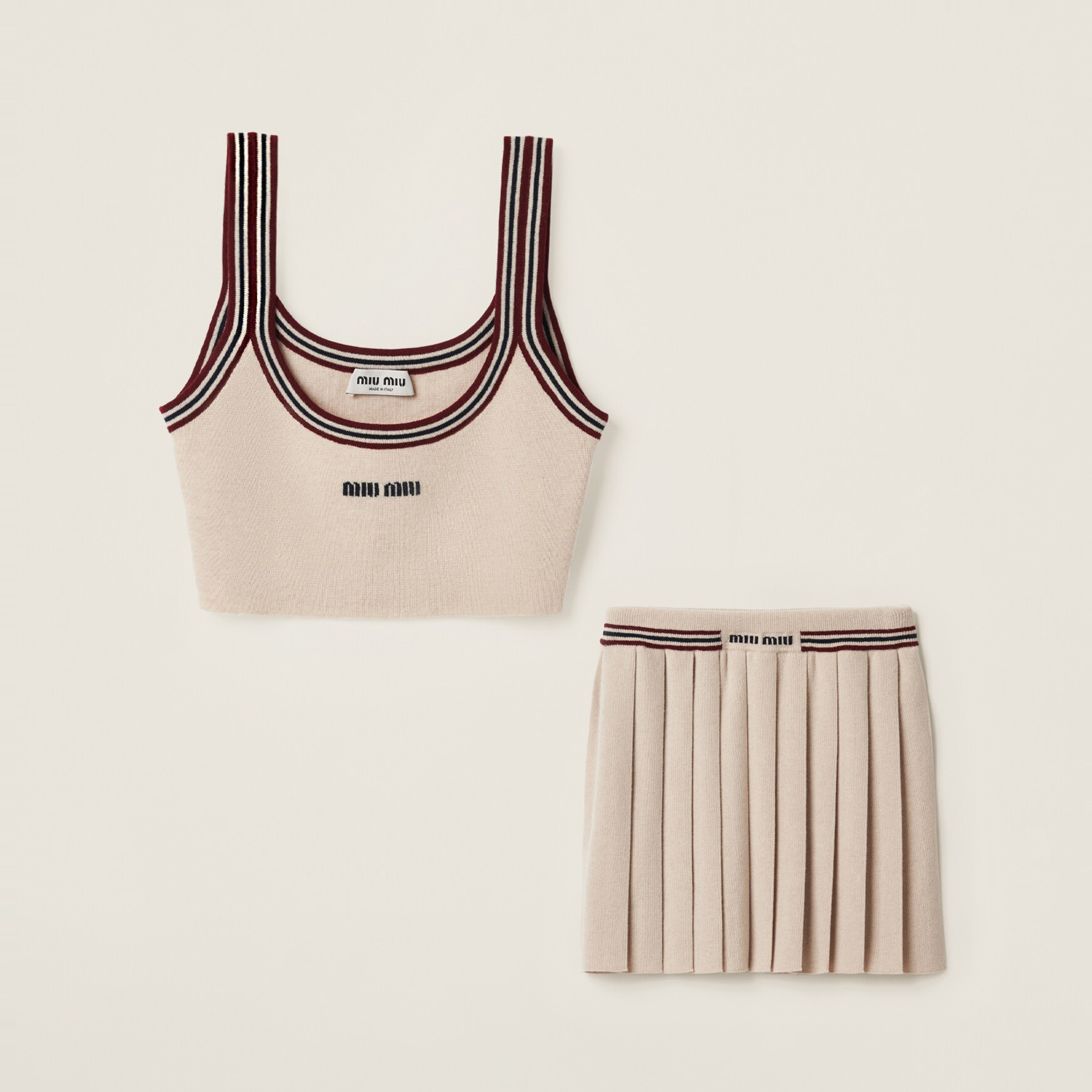 NIGO MiuMiu Women's Summer Embroidered Letter Print Cashmere Knit Tank Top And Casual Pleated Short Skirt Set Suit #nigo77555