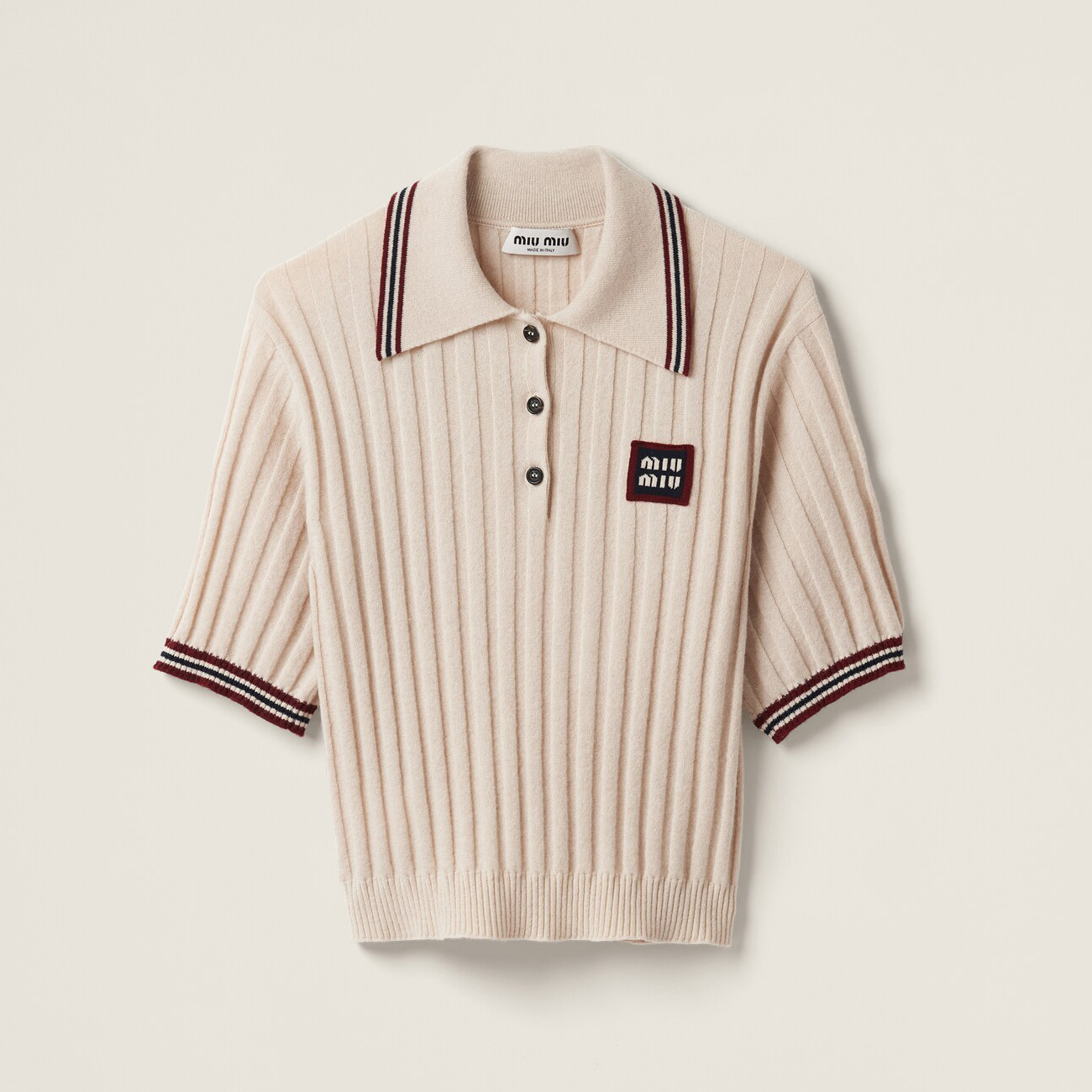 NIGO MiuMiu Ladies Summer Beige Polo Neck Cashmere Knit Short Sleeve T-Shirt Top #nigo77556