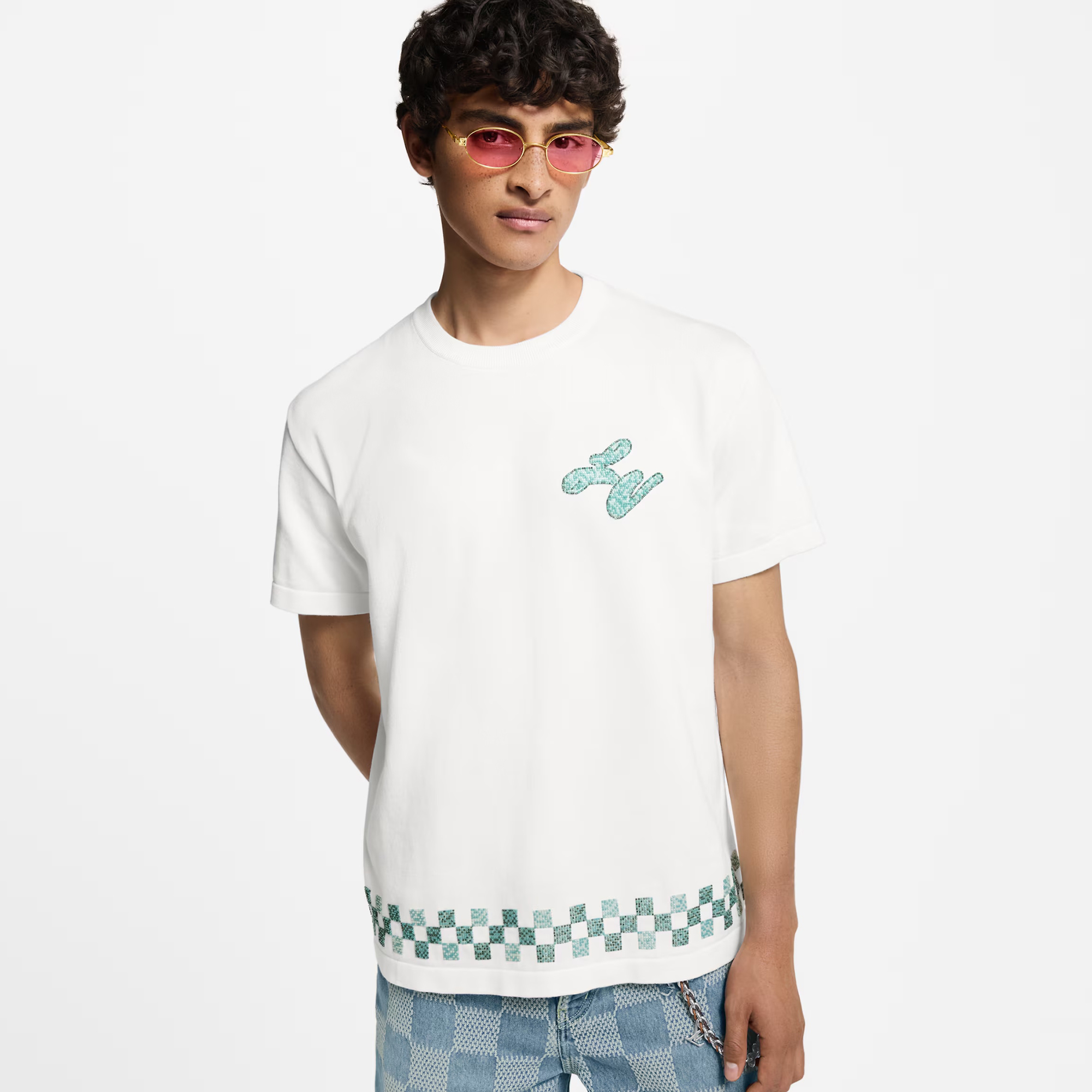 NIGO Louis Vuitton Men's Summer Embroidered Beaded Small Snake Pattern Solid Color Round Neck Short Sleeve T-Shirt #nigo77554