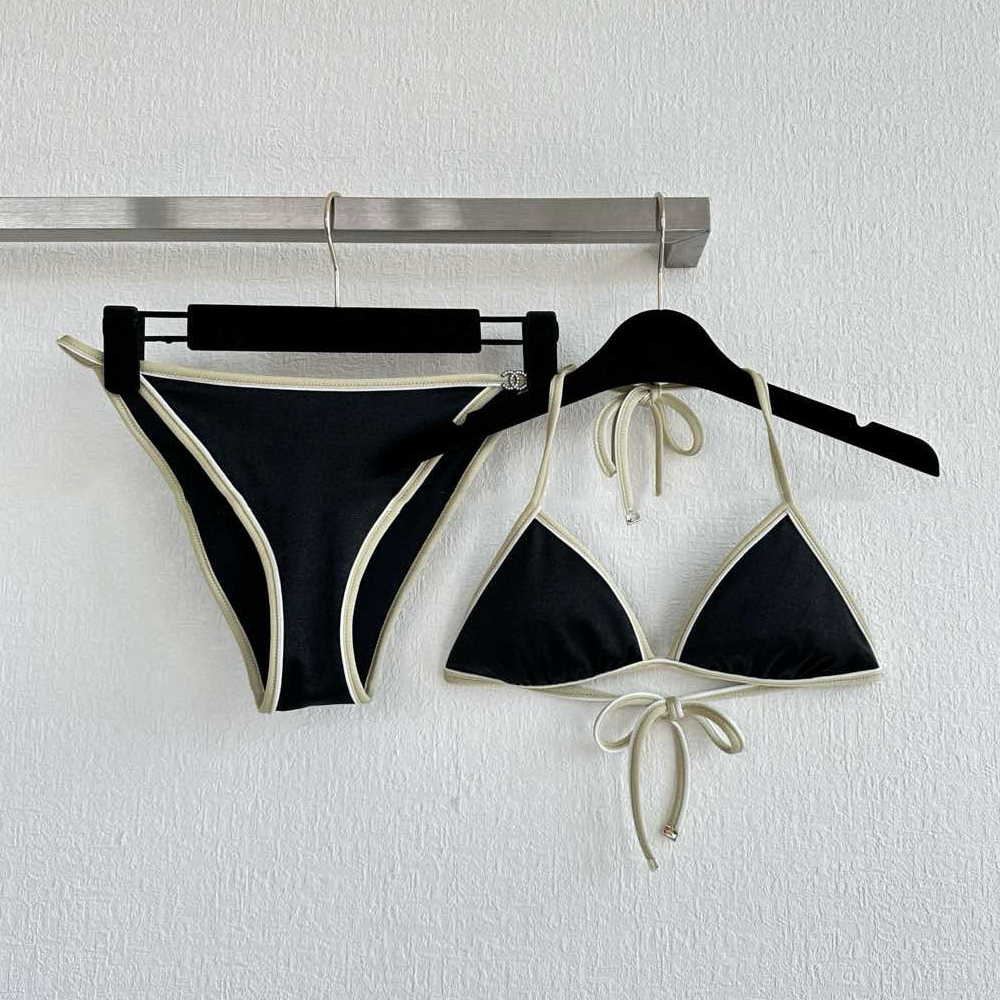 NIGO Chanel Women's Summer Solid Color Rhinestone Elastic Halter Neck Thin Strap Swimsuit Bikini Suit Set #nigo77571