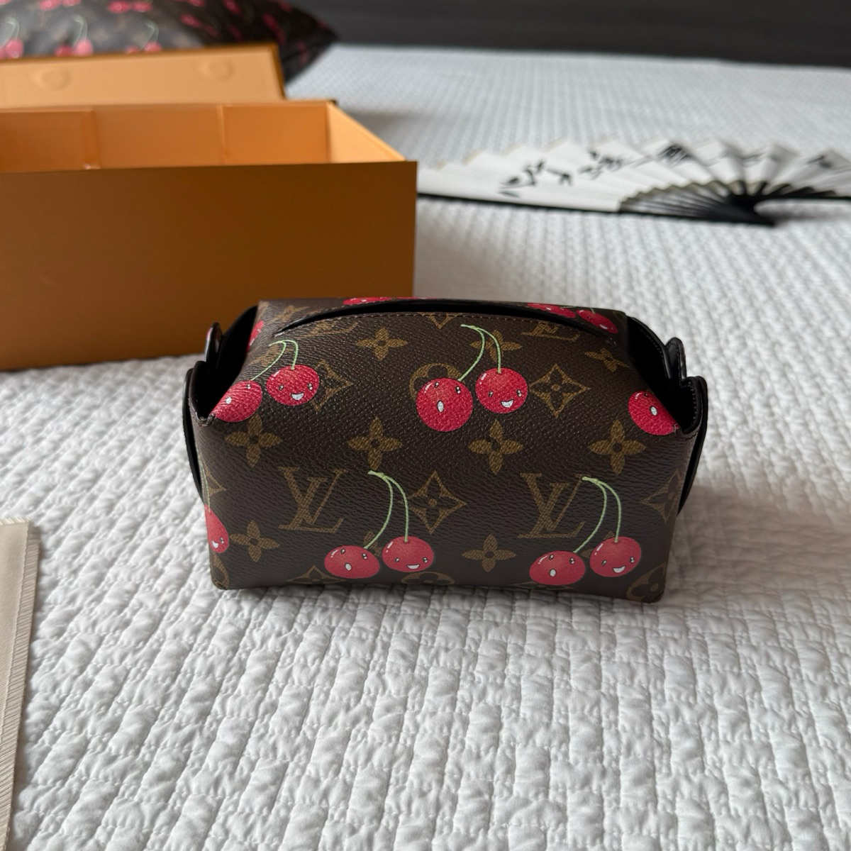 NIGO Louis Vuitton LV X TM Brown Letter Print Cherry Pattern Leather Home Removable Assembly Tissue Box Accessories #nigo77578