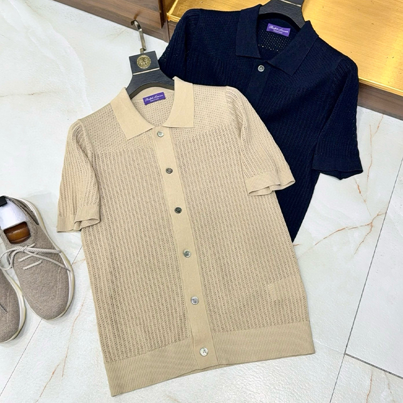 NIGO Ralph Lauren Men's Summer Linen Silk Solid Color Hollowed Out Lapel Casual Short-Sleeved Knit Shirt Ngvp #nigo1856