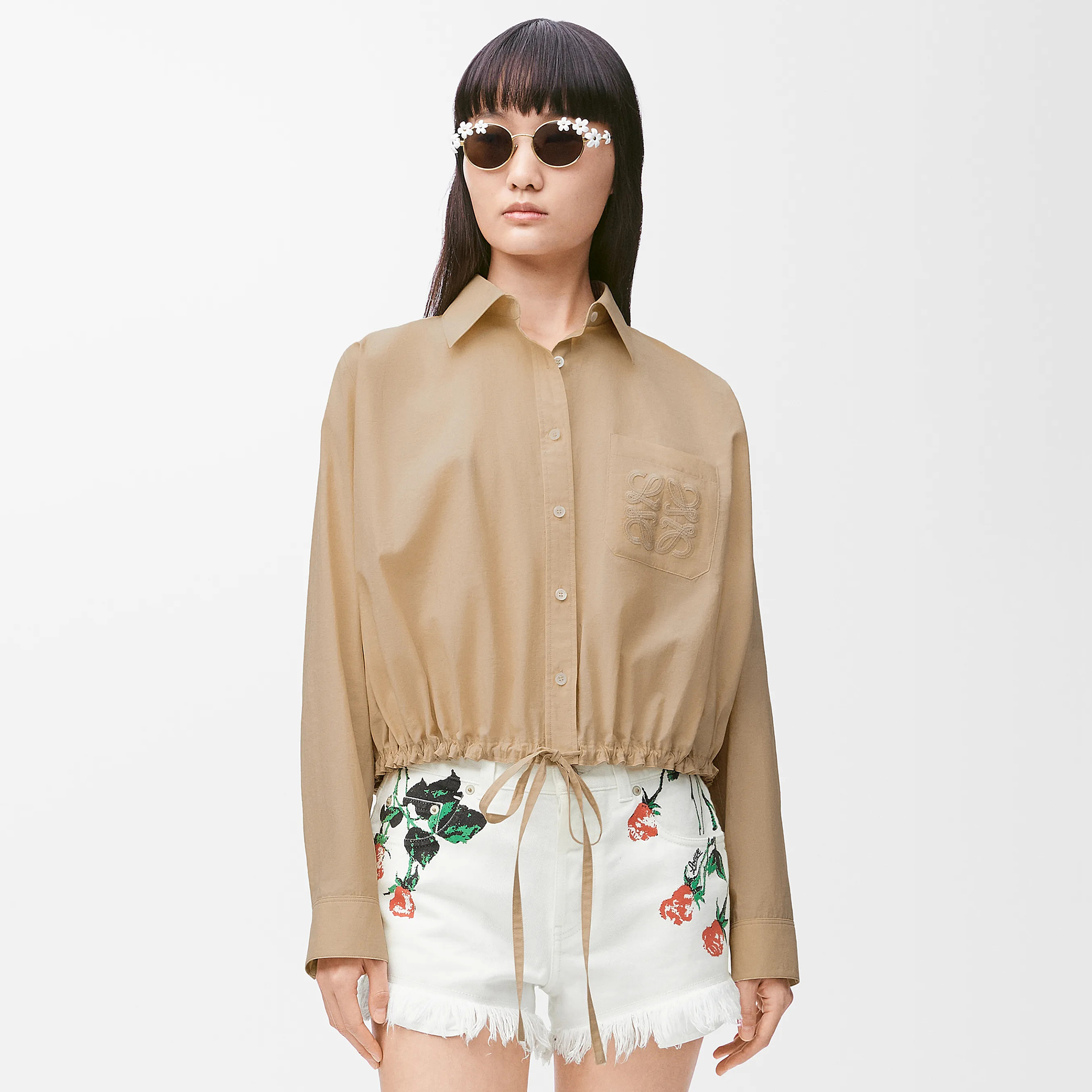 NIGO Loewe Women's Spring/Summer Solid Color Embroidered Logo Lightweight Cotton Single-Breasted Loose-Fitting Long-Sleeved Shirt and Casual Stretch Waist Pants Set Suit #nigo77614