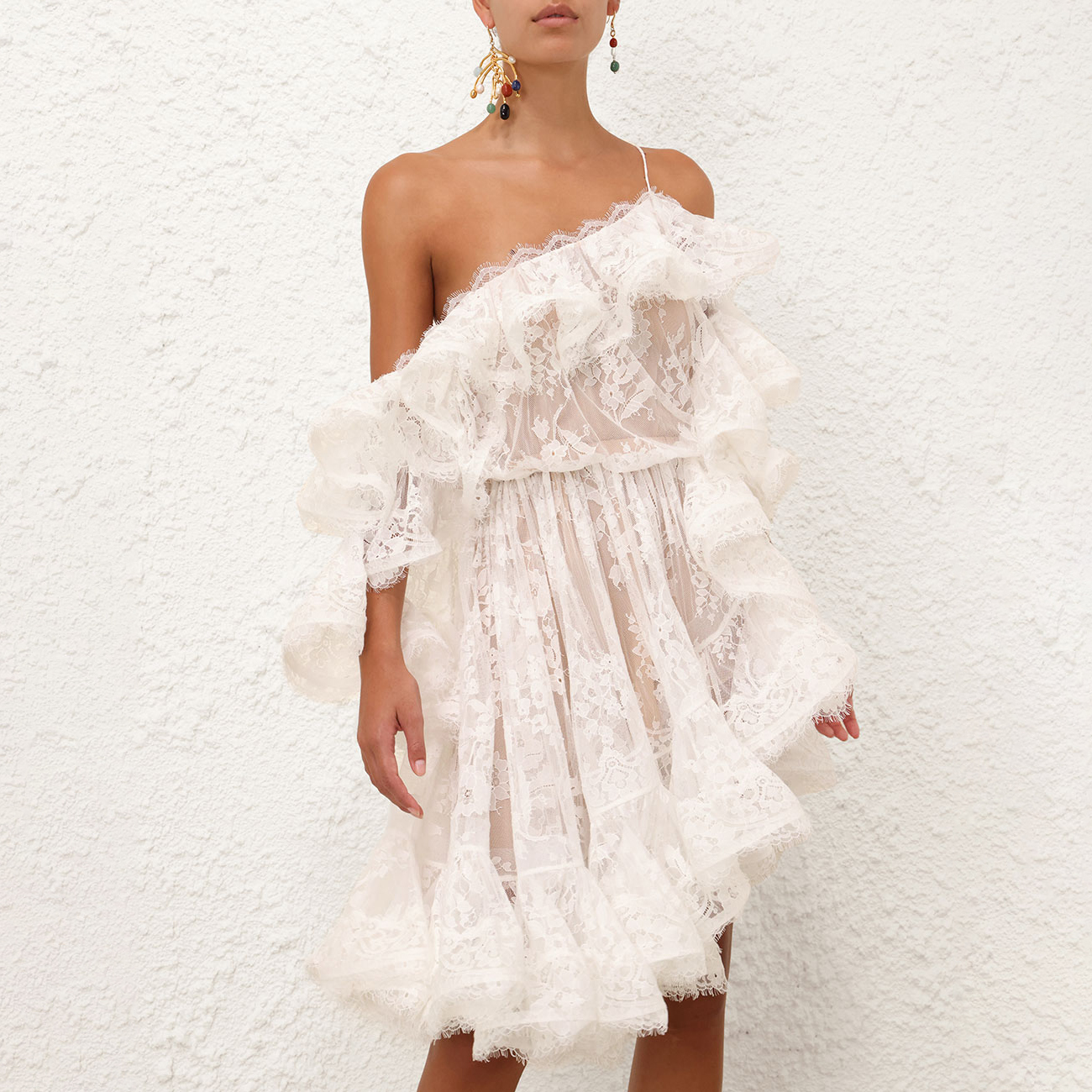 NIGO Zimmermann Women's Summer Solid Color Lace Trim Off-the-Shoulder Strapless Short Dress #nigo77617