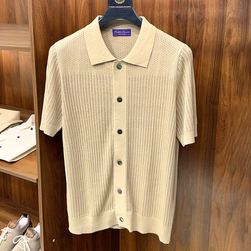NIGO Ralph Lauren Men's Summer Linen Silk Solid Color Hollowed Out Lapel Casual Short-Sleeved Knit Shirt Ngvp #nigo1856