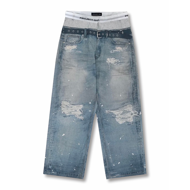 NIGO GRAILZ Project G/R   Men's Printed Denim Pants Old High Street Vintage Jeans Loose Wide Leg Straight Trousers #nigo81387