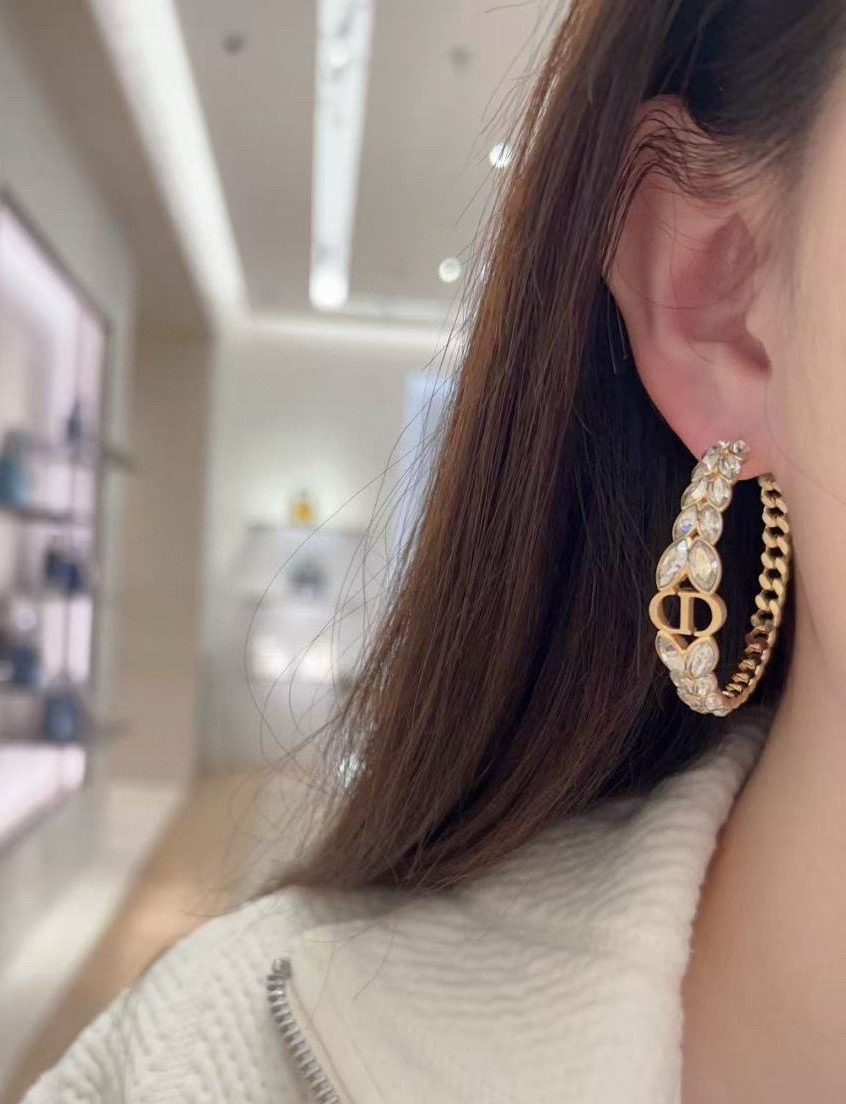 NIGO Dior 30 Montaigne Prestige Men's and Women's Couples' Crystal-Decorated Gold Hoop Earrings Jewelry Accessories #nigo77645