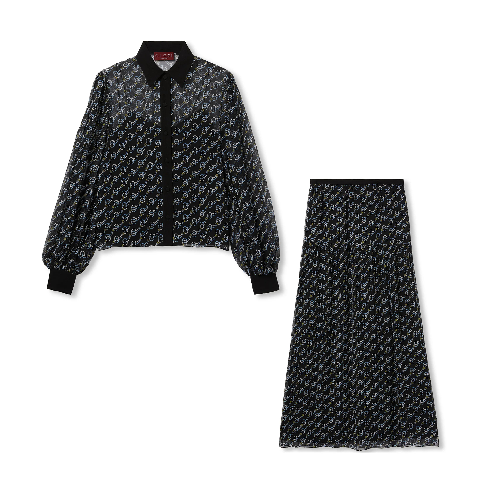 NIGO Gucci Women's Summer Solid Color Ring Buckle Printed Mulberry Silk Single-Breasted Long-Sleeved Shirt and Casual Skirt Set Suit #nigo77658