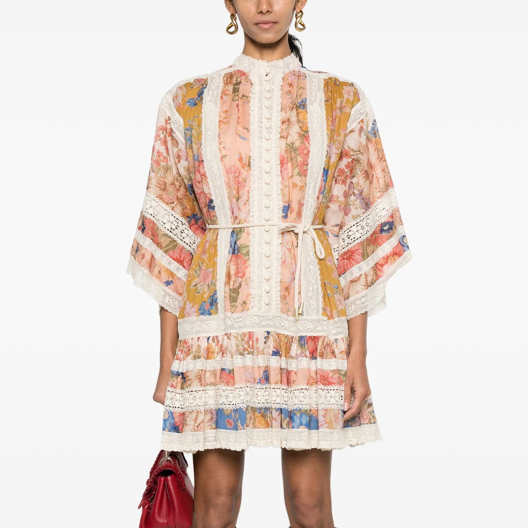 NIGO Zimmermann Women's Summer Floral Pattern Printed Lace Trim Linen Fabric Single Breasted Short Sleeved Short Dress #nigo77662