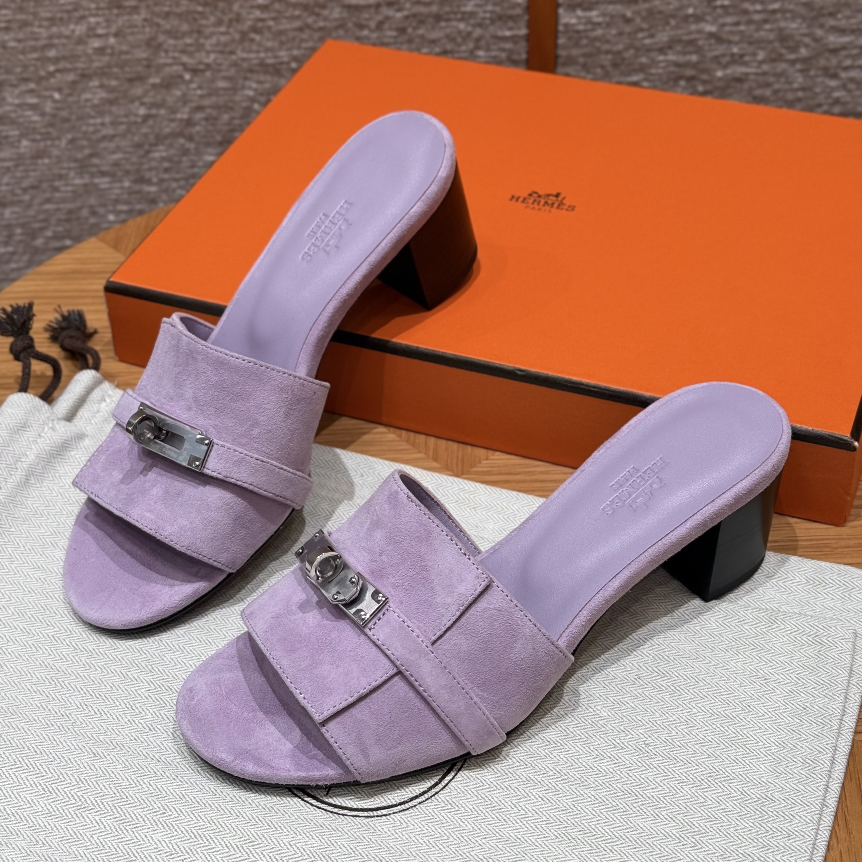 NIGO Hermes Gigi 50 Women's Summer Solid Color Metal Buckle Round Toe Suede Leather High Heel Sandals Shoes #nigo77668