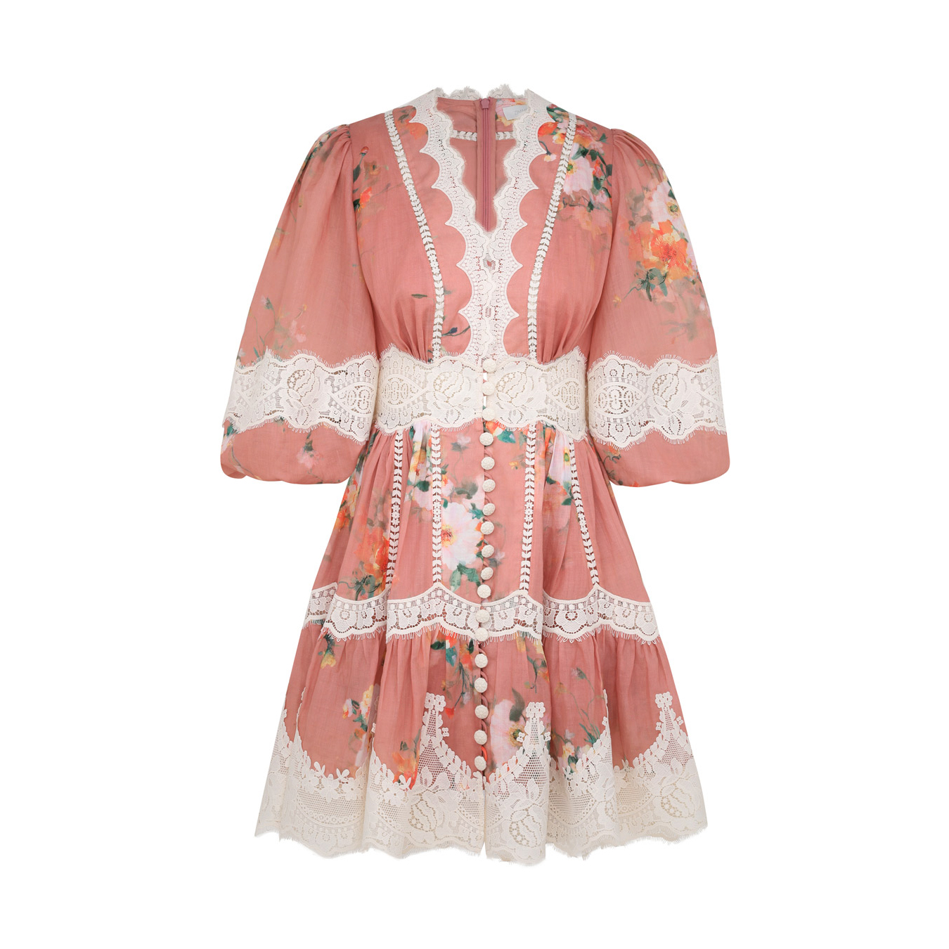 NIGO Zimmermann Women's Summer Solid Color Floral Pattern Printed Lace Trim V-neck Single Breasted Short Sleeved Short Dress #nigo77661