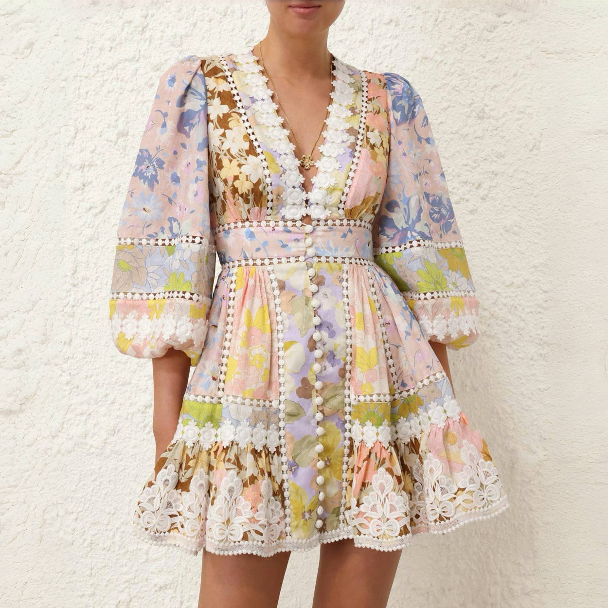 NIGO Zimmermann Women's Summer Floral Pattern Printed Lace Trim Linen Fabric V-neck Single Breasted Buttoned Lantern Sleeve Short Dress #nigo77663