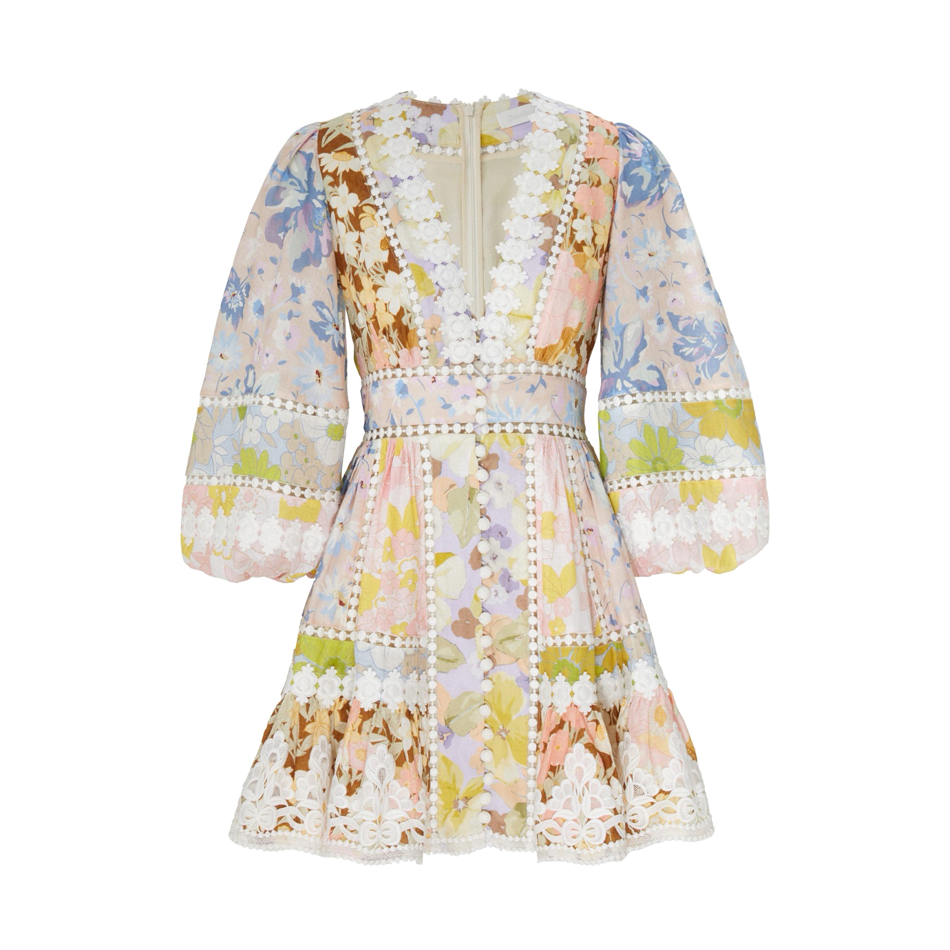 NIGO Zimmermann Women's Summer Floral Pattern Printed Lace Trim Linen Fabric V-neck Single Breasted Buttoned Lantern Sleeve Short Dress #nigo77663