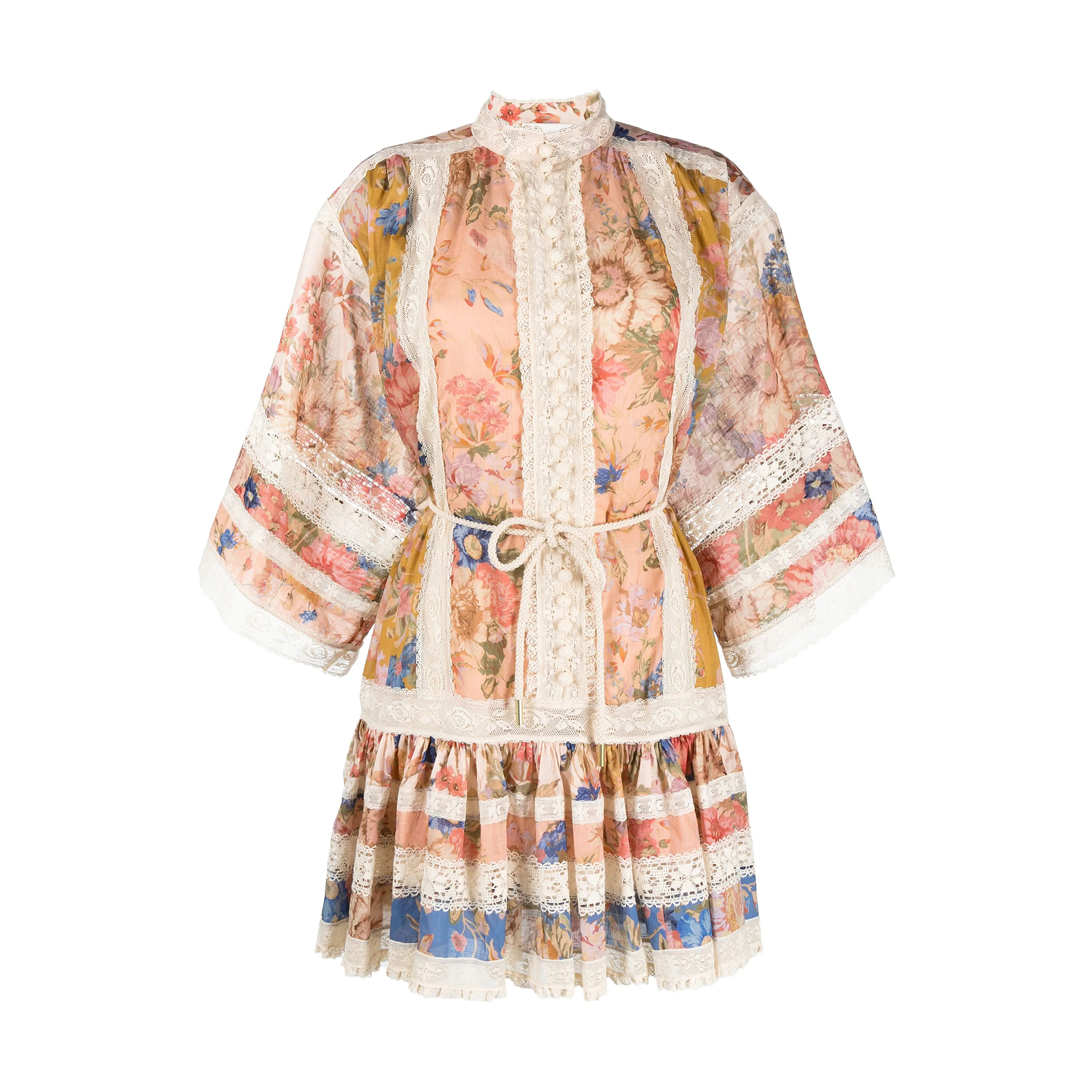 NIGO Zimmermann Women's Summer Floral Pattern Printed Lace Trim Linen Fabric Single Breasted Short Sleeved Short Dress #nigo77662