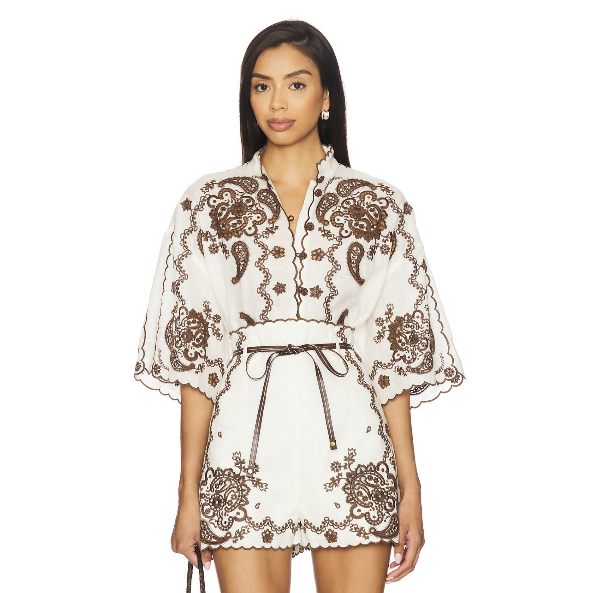 NIGO Zimmermann Women's Summer Openwork Embroidered Pattern Single Button Short Sleeved Shirt And Belted Casual Shorts Set Suit #nigo77678