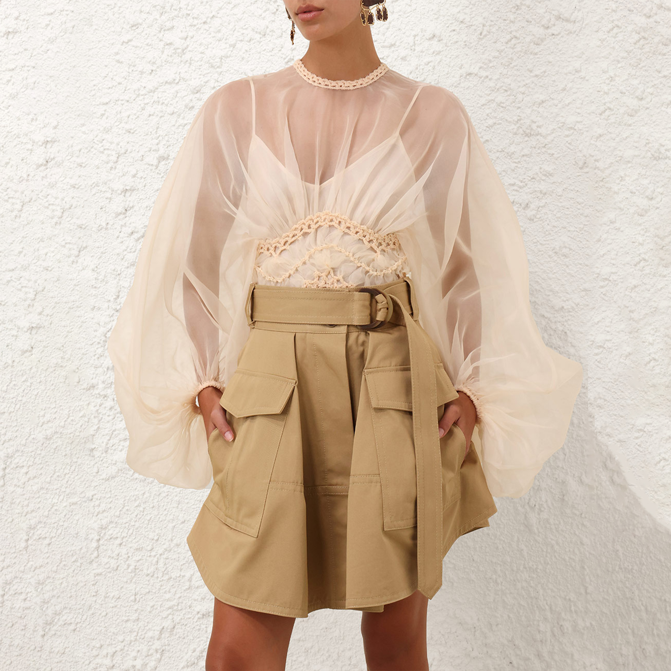 NIGO Zimmermann Illuminate Macrame Bodice Women's Spring And Summer Tulle Transparent Chiffon Shirt Long Sleeve Temperament Elegant Round Neck Button Blouse Top Ngvp #nigo1888