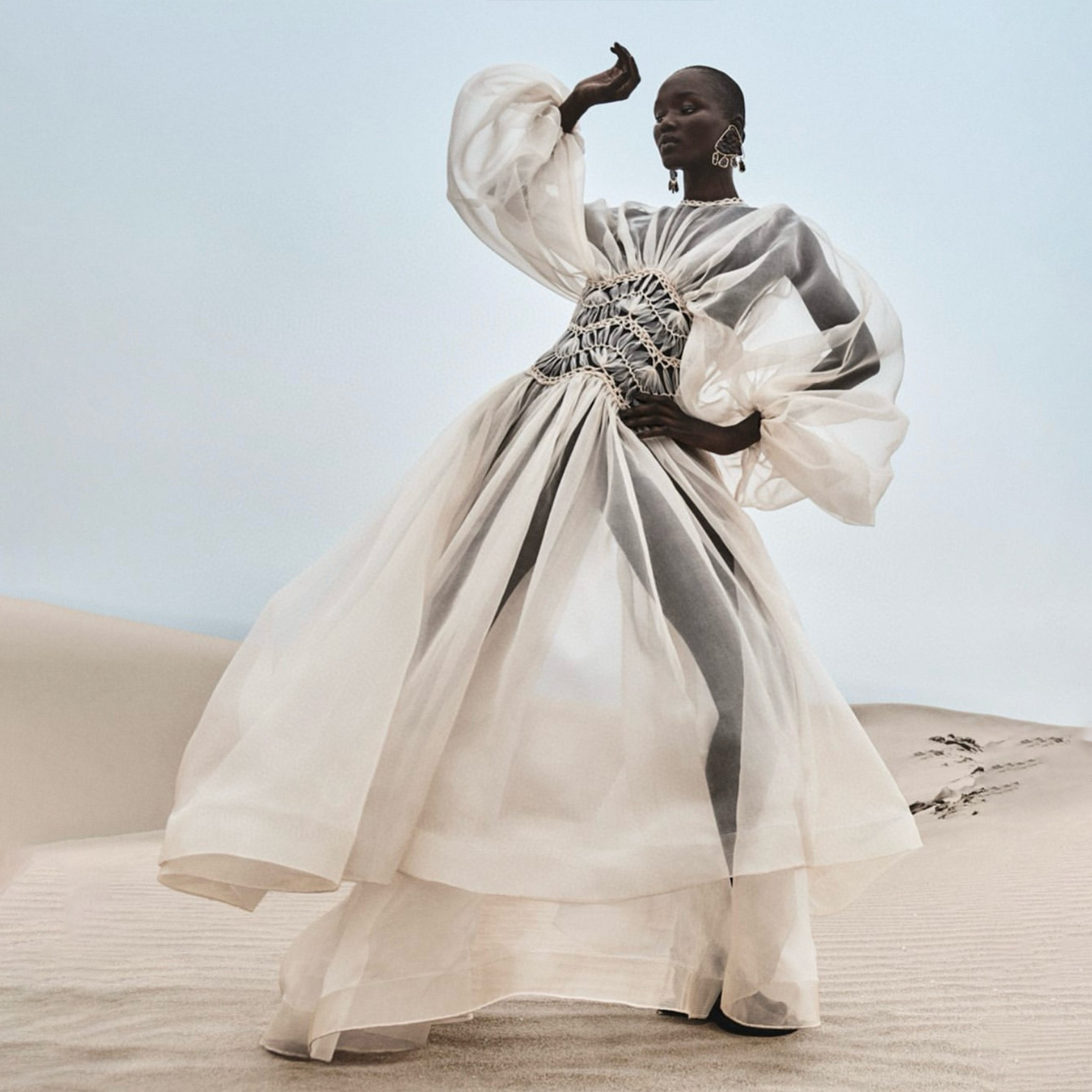 NIGO Zimmermann Illuminate Macrame Gown Women's Spring And Summer Tulle Transparent Bubble Sleeve Hand Crocheted Fashion Temperament Elegant Long Sleeve Dresses Ngvp #nigo1889