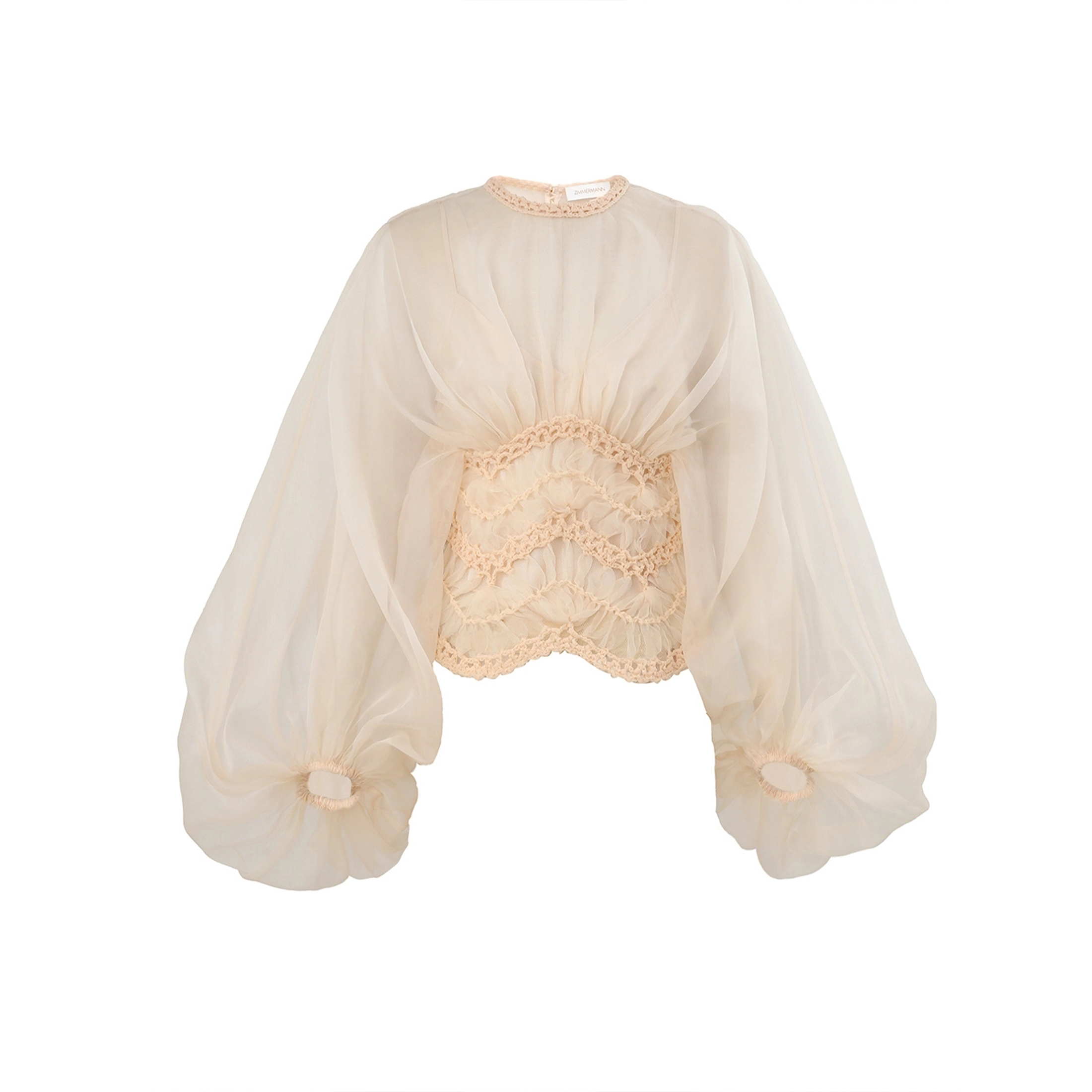 NIGO Zimmermann Illuminate Macrame Bodice Women's Spring And Summer Tulle Transparent Chiffon Shirt Long Sleeve Temperament Elegant Round Neck Button Blouse Top Ngvp #nigo1888