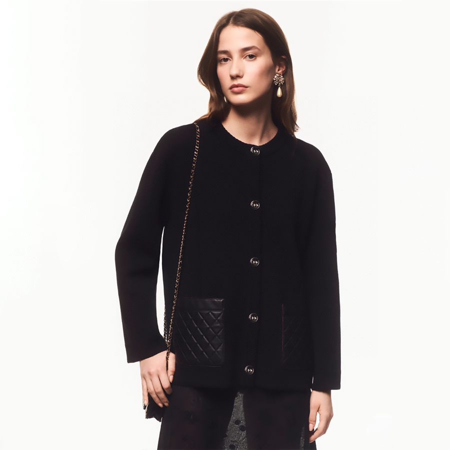 NIGO Chanel Women's Fall And Winter Single-Breasted Round Neck Solid Color Long-Sleeved Knitted Cashmere Quilted Leather Cardigan Jacket Ngvp #nigo1929