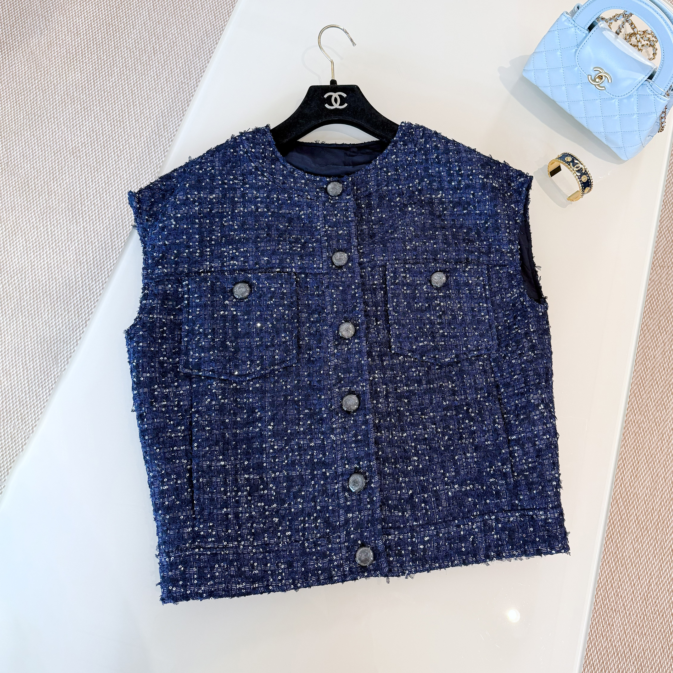 NIGO Chanel Women's Spring And Summer Sequins Tweed Single-Breasted Solid Color Round Neck Sleeveless Vest Ngvp #nigo1933