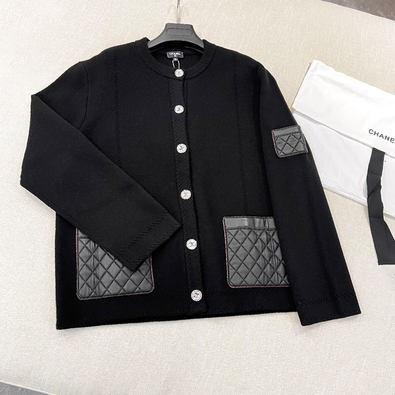 NIGO Chanel Women's Fall And Winter Single-Breasted Round Neck Solid Color Long-Sleeved Knitted Cashmere Quilted Leather Cardigan Jacket Ngvp #nigo1929