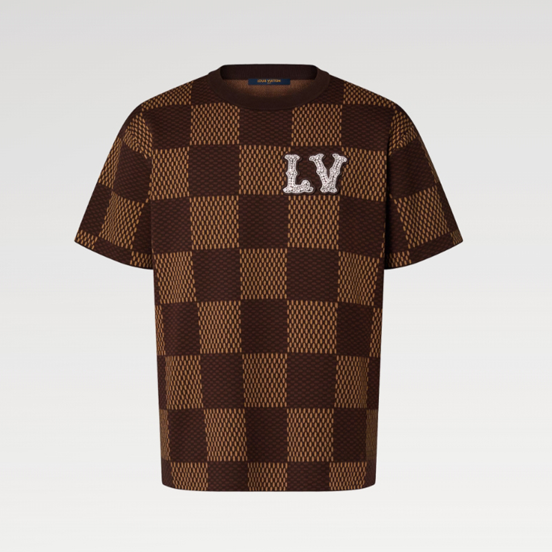 NIGO Louis Vuitton Men's Damier Imitation Crystal Applique Checkerboard Checkerboard Summer Cotton Solid Color Short Sleeve Round Neck Short Sleeve T-Shirt #nigo81339