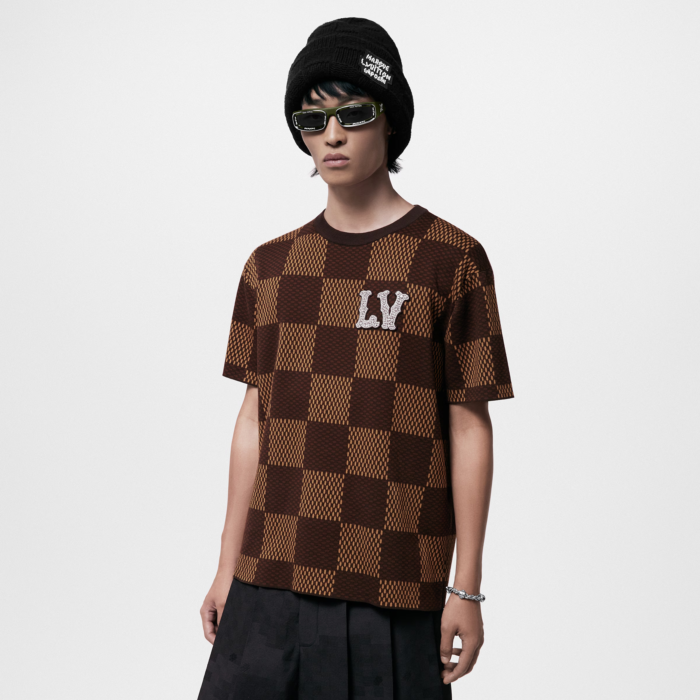 NIGO Louis Vuitton Men's Damier Imitation Crystal Applique Checkerboard Checkerboard Summer Cotton Solid Color Short Sleeve Round Neck Short Sleeve T-Shirt #nigo81339