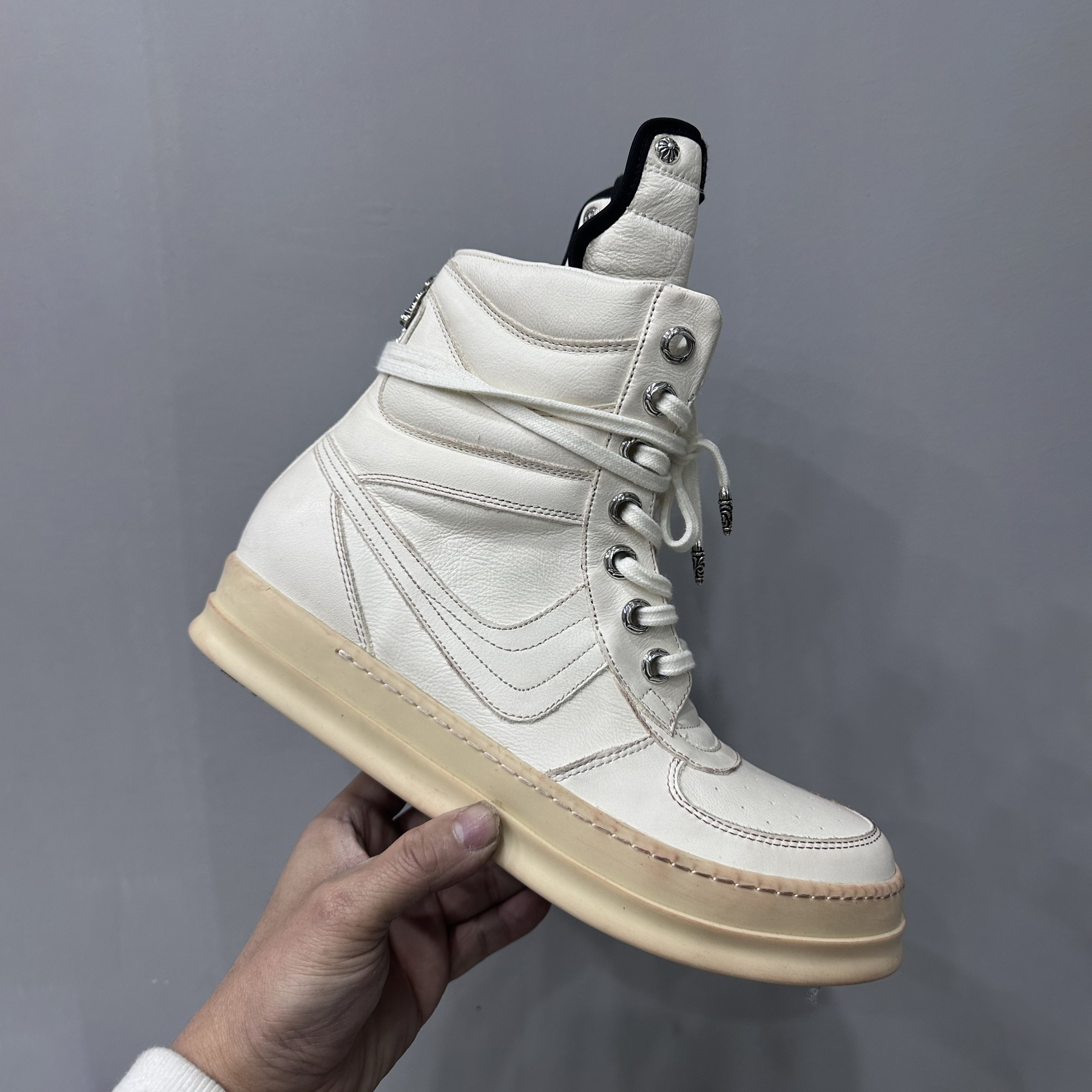 NIGO Rick Owens x Chrome Hearts Geobasket Men's And Women's Solid-colour Leather High-top Lace-up Side Zip Casual Shoes #nigo77726