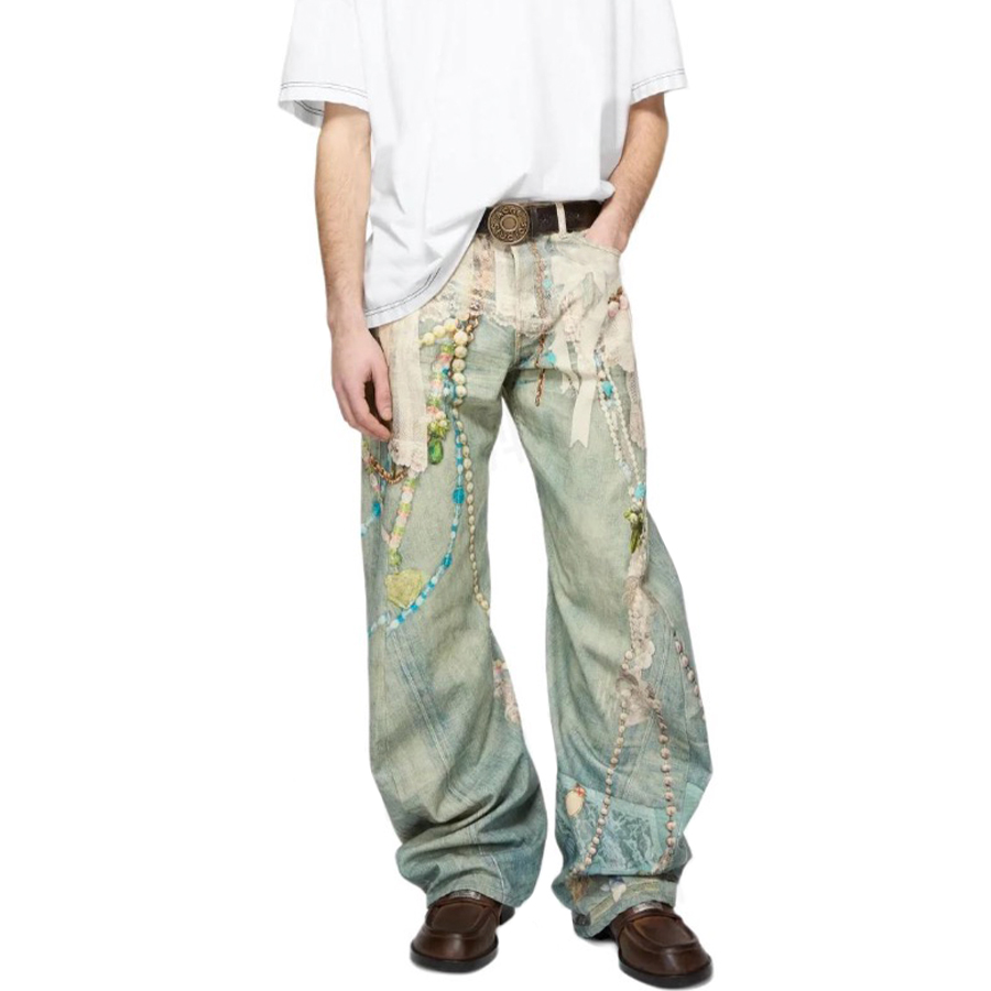 NIGO Acne Studios Men's Women's Four Seasons Lace Pearl Chain Printed Zipper Loose Low Waisted Denim Pants Wide Leg Machete Pants Ngvp #nigo1938