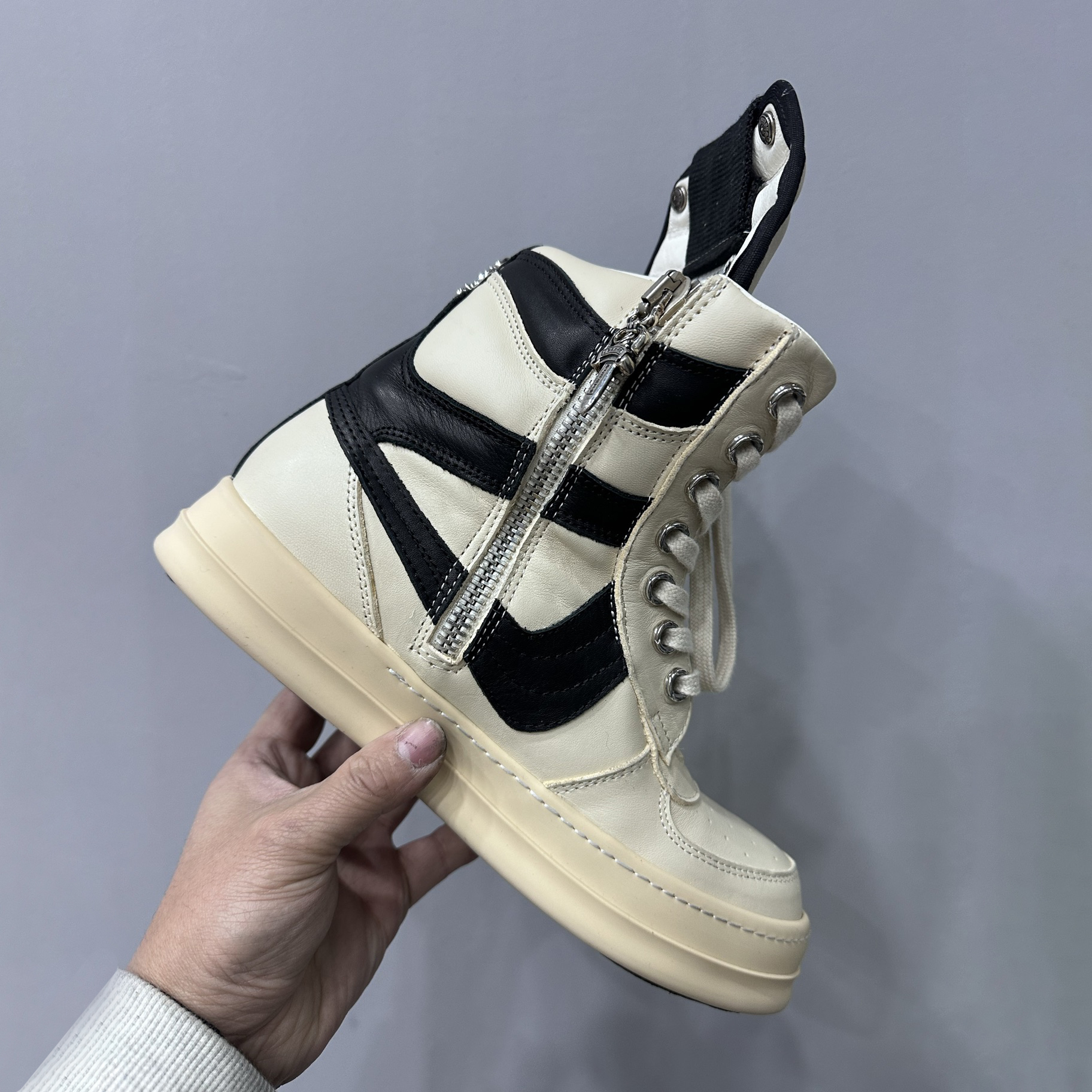 NIGO Rick Owens x Chrome Hearts Geobasket Men's And Women's Solid-colour Leather High-top Lace-up Side Zip Casual Shoes #nigo77726