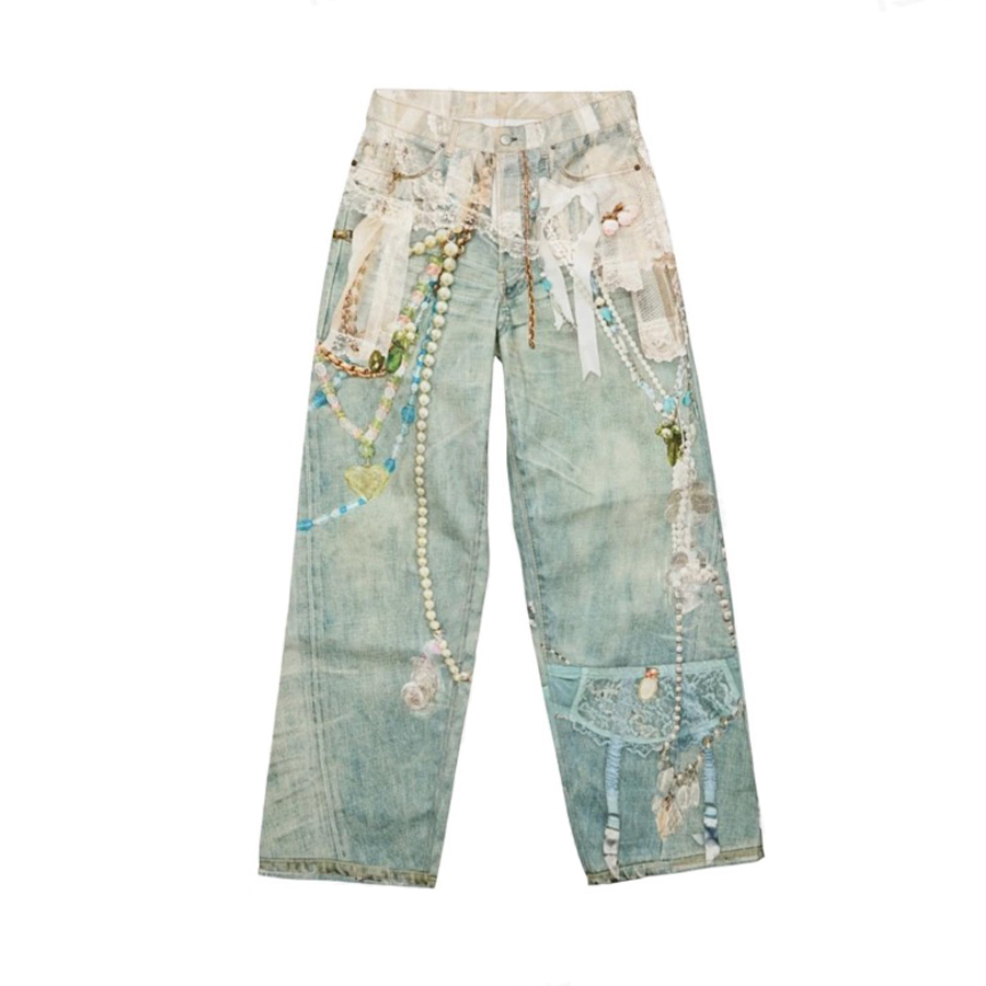 NIGO Acne Studios Men's Women's Four Seasons Lace Pearl Chain Printed Zipper Loose Low Waisted Denim Pants Wide Leg Machete Pants Ngvp #nigo1938