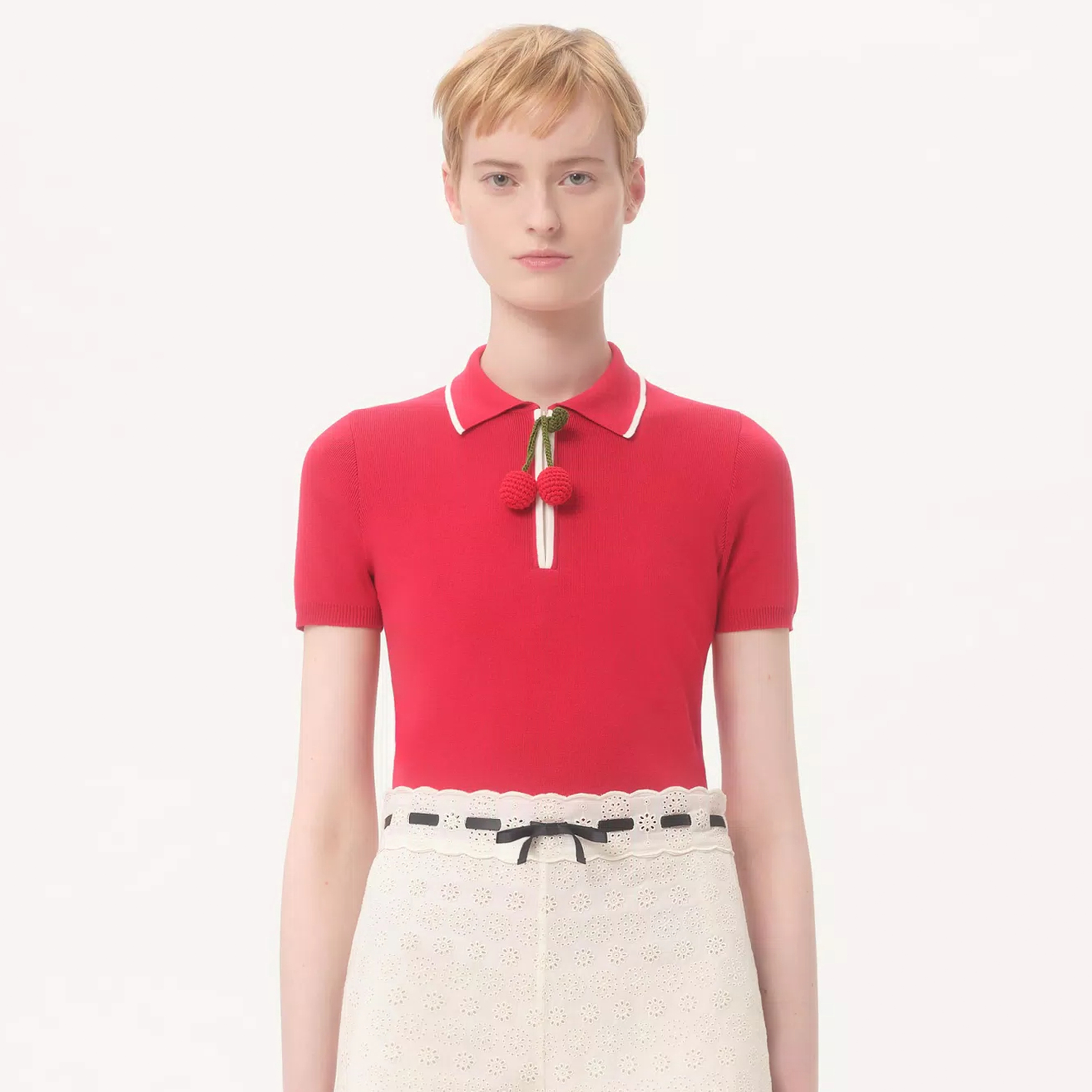 NIGO Valentino Cotton Top With Cherry Women's Spring And Summer Red Knit Polo Collar Top Fashion Casual Temperament Youthful Vigor T-shirt Ngvp #nigo1965