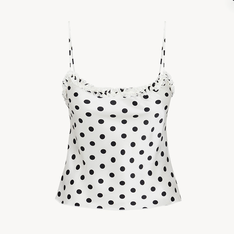 NIGO Realisation Par Women's Summer Polka Dot Printed White Round Neck Silk Vest Sleeveless Top Camisole Short Slimming Ngvp #nigo1949