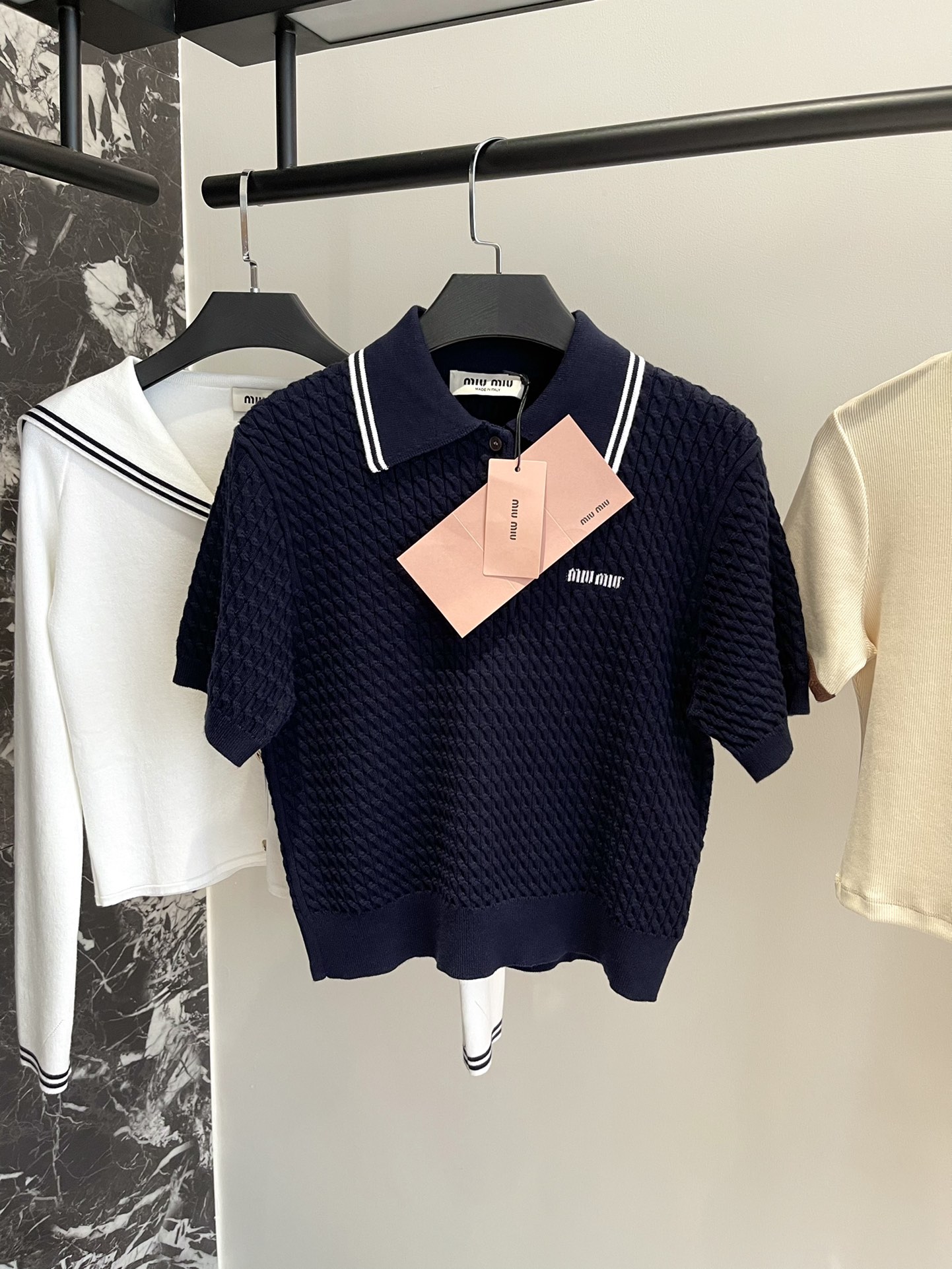 NIGO MiuMiu Women's Summer Dark Blue Letter Logo Embroidery Cotton Straight Short Sleeve Polo Shirt T-Shirt #nigo77769