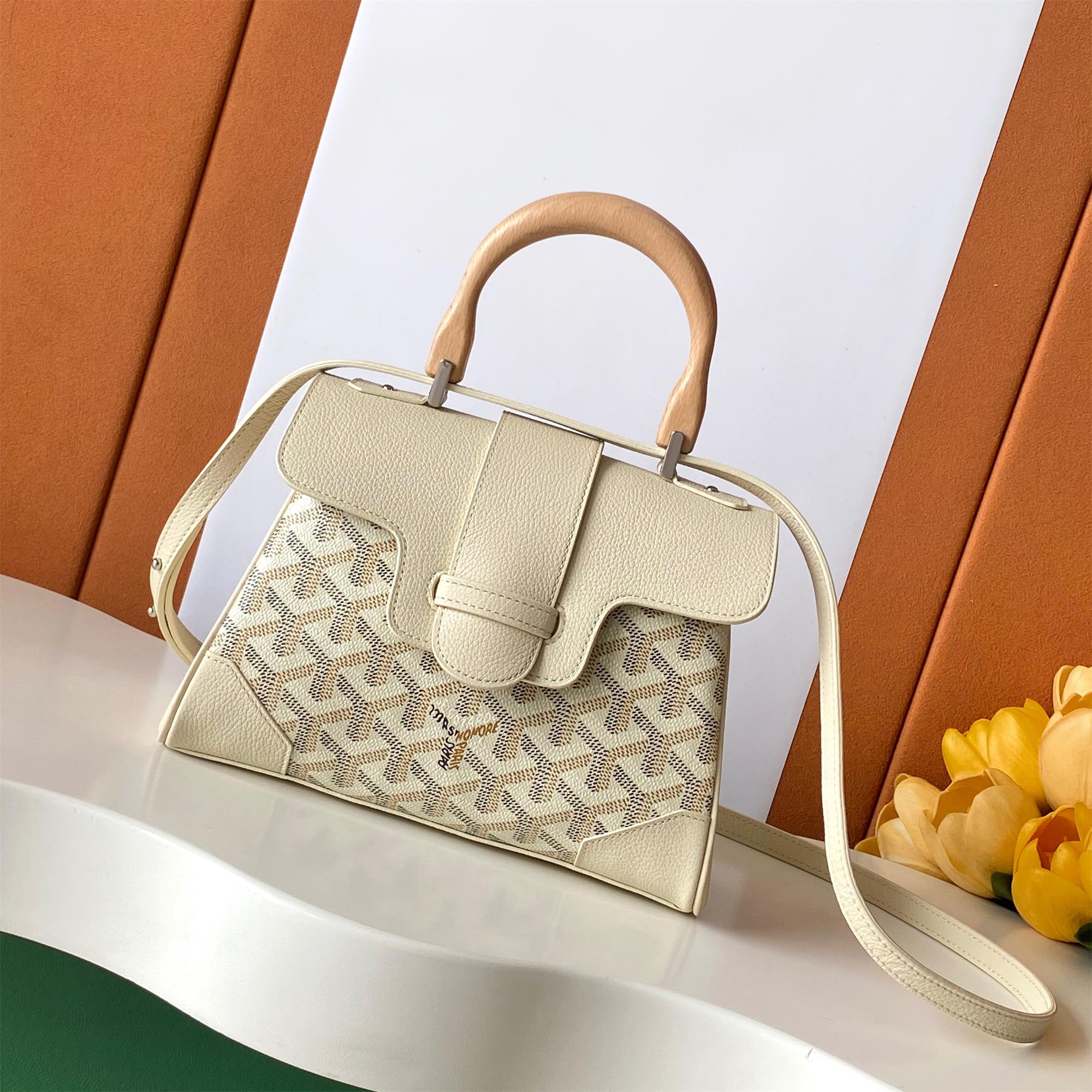 NIGO GOYARD Saigon Women's Solid Color Wooden Handle Canvas and Calfskin Shoulder Bag Handbag Bags #nigo77774