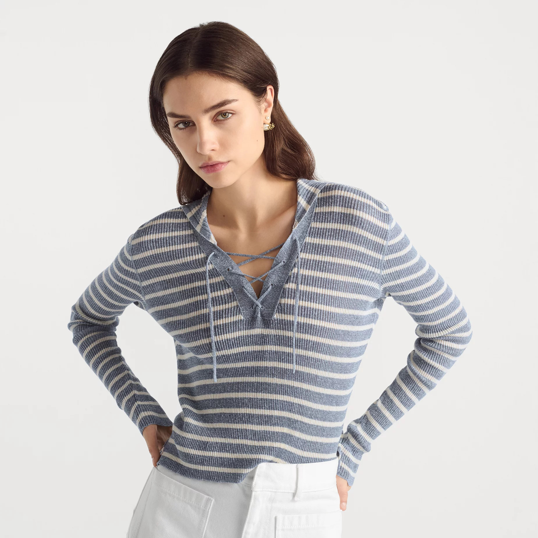 NIGO Dior Women's Summer Solid Color Striped Print Tie-Up V-Neck Long Sleeve Stretch Knit Sweater Top #nigo77768