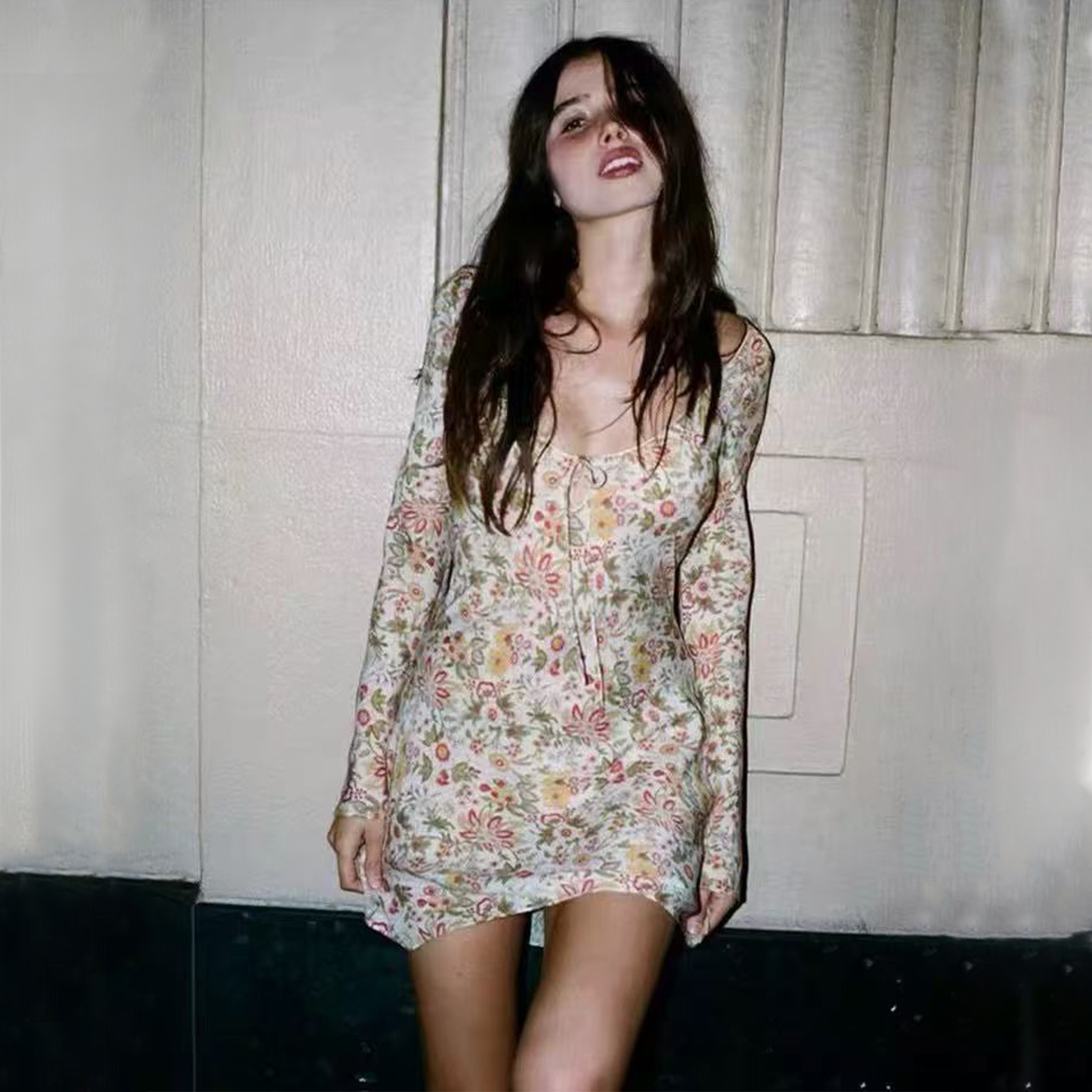 NIGO Realisation Par Women's 100% Silk Summer Vacation Style Beach Photo Deep V-neck Long-sleeved Sunscreen Short Floral Dress Temperament Elegant Dress Dresses Ngvp #nigo1968