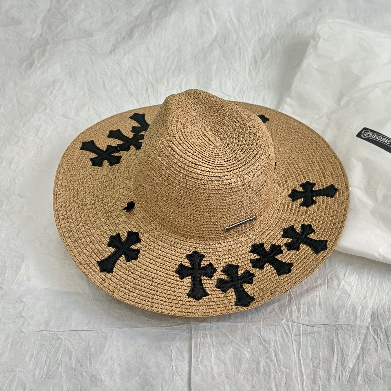 NIGO Chrome Hearts Men's And Women's Plain Colored Straw Hat With Cross Leather Logo Cap #nigo77796